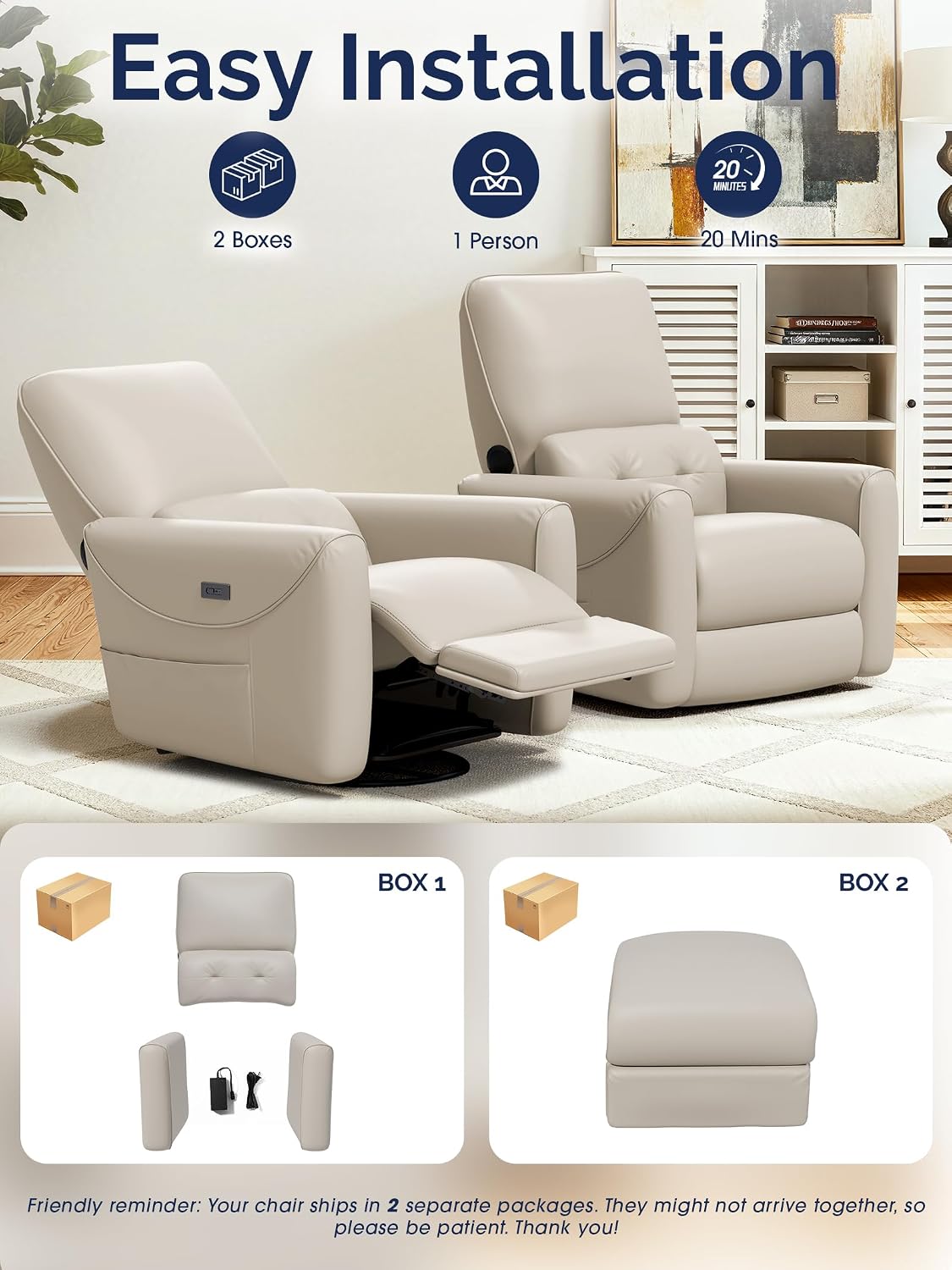 KINGYES Nursery Recliner Rocking Chair, 270° Swivel Glider, with Bluetooth Speaker & USB-C Port, Faux Leather Nursery Rocking Chair, Gray