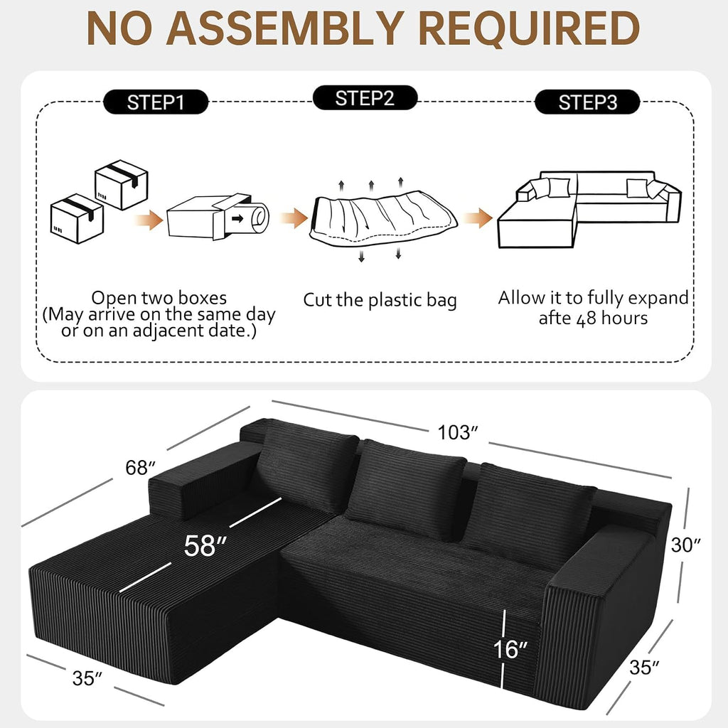 Nigoone 103' Sectional Couch for Living Room, Modular L Shaped Black Couches with Chaise, Large Minimalist Modern Deep Seats Boneless Sofa, Corduroy, No Assembly