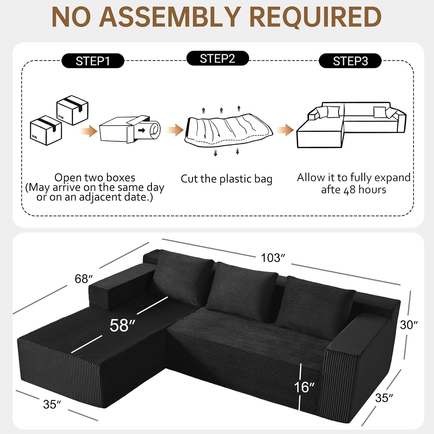 Nigoone 103' Sectional Couch for Living Room, Modular L Shaped Black Couches with Chaise, Large Minimalist Modern Deep Seats Boneless Sofa, Corduroy, No Assembly