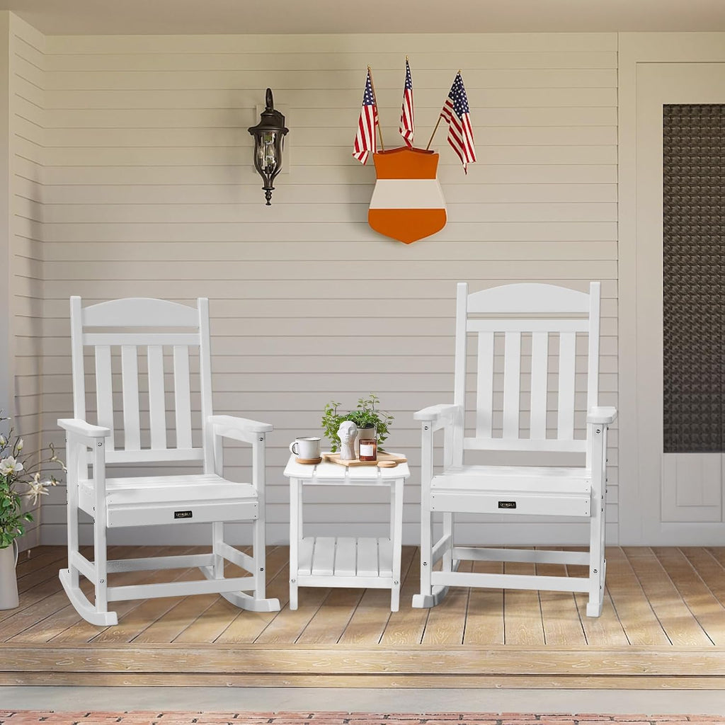 VINGLI Outdoor Rocking Chair Set of 2, Patio Rocking Chair with Higher Backrest, Outdoor Rocker with Comfortable Seat, All Weather Rocking Chair for Garden, Yard, Balcony, White