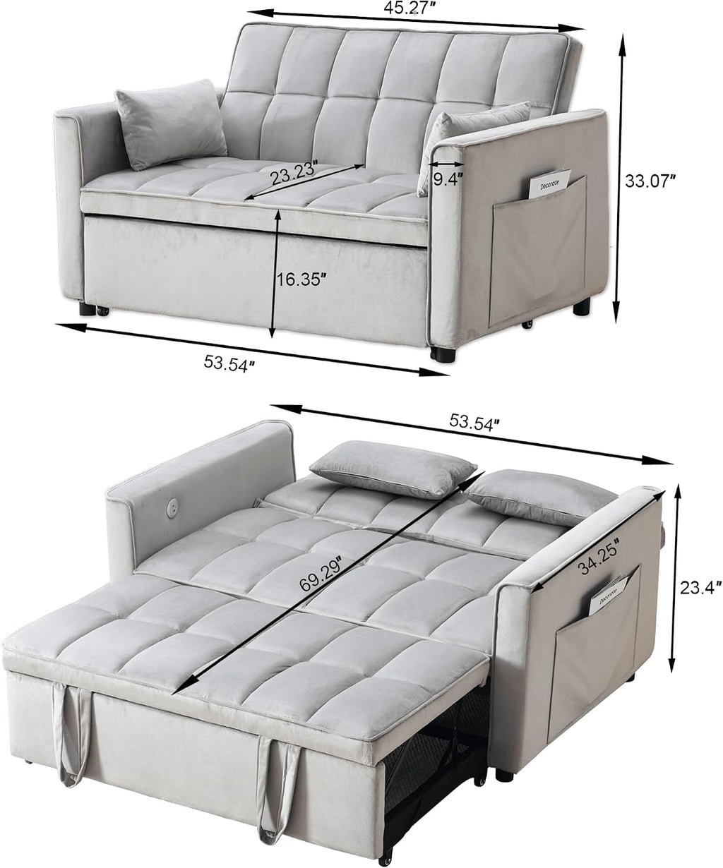 Velvet 3-in-1 Convertible Sofa Bed - USB Charging Port, Adjustable Backrest Loveseat Sleeper for Small Space Apartment, Versatile Futon Pull Out Couch for Living Room,Gray