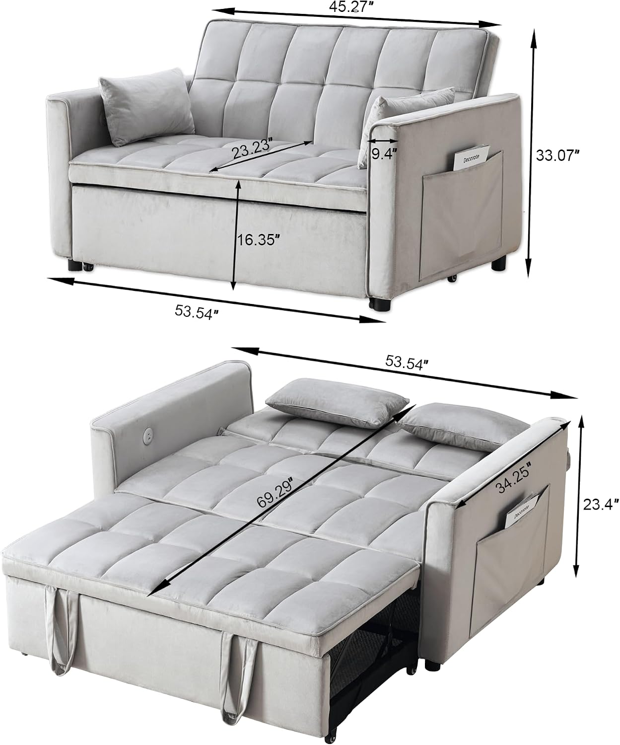 Velvet 3-in-1 Convertible Sofa Bed - USB Charging Port, Adjustable Backrest Loveseat Sleeper for Small Space Apartment, Versatile Futon Pull Out Couch for Living Room,Gray