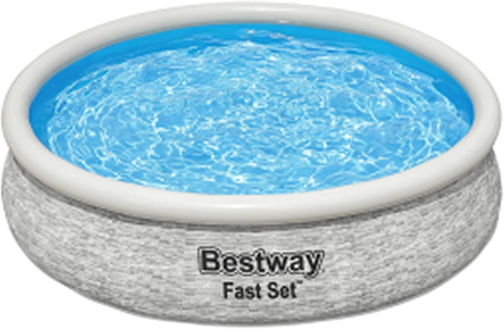 Bestway Fast Set 12' x 30' Round Inflatable Above Ground Swimming Pool Set, Stacked Stone Exterior Outdoor Family Pool with Filter Pump, Gray