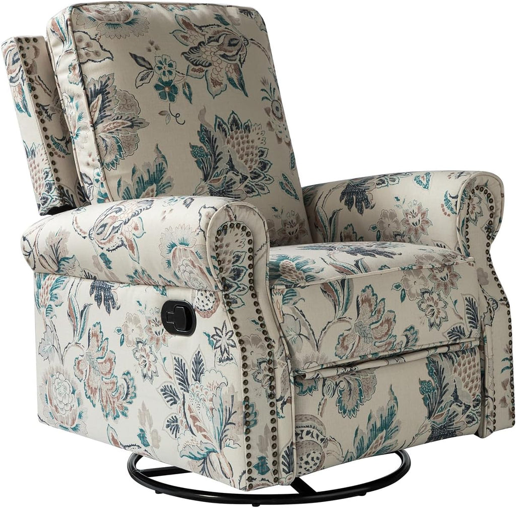 HULALA Home Modern Rocker Recliner, Printed Fabric Swivel Glider with Adjustable Backrest & Footrest, Teal