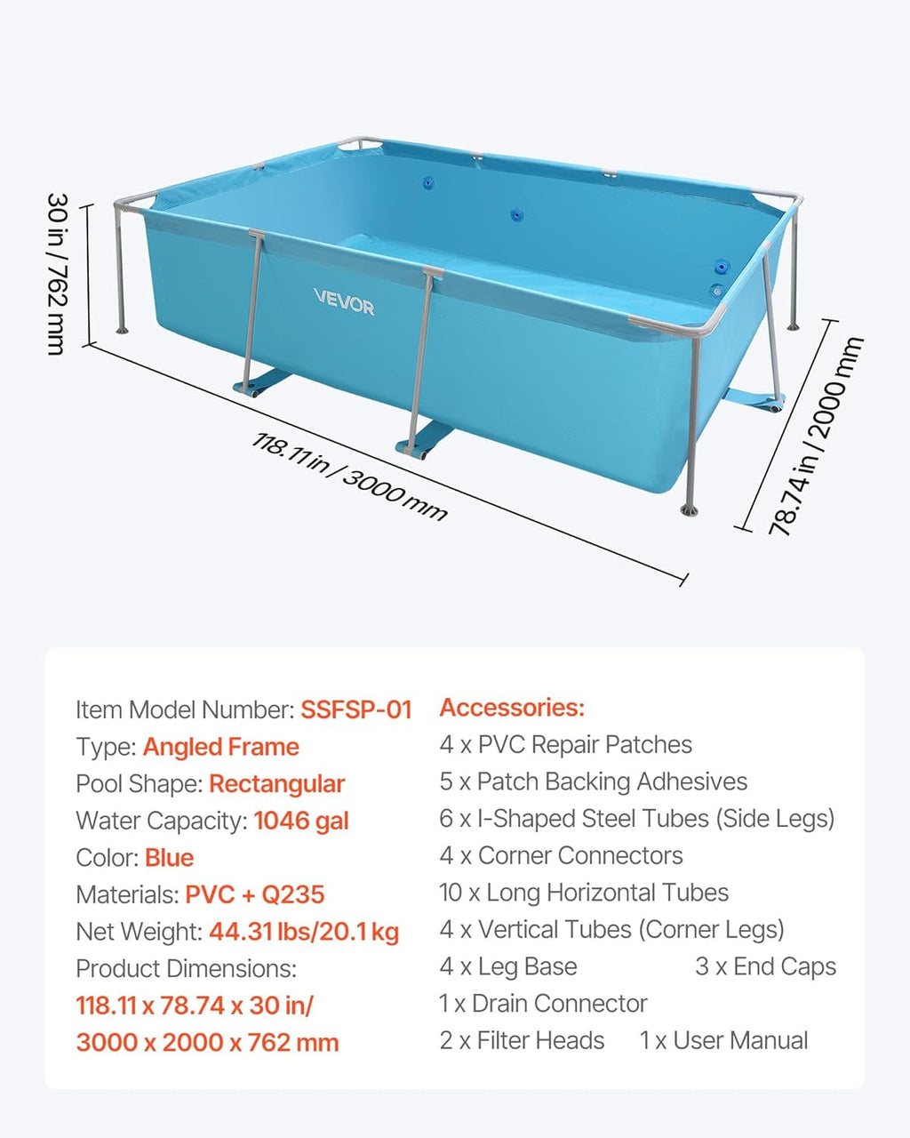 VEVOR Frame Above Ground Swimming Pool, 118 x 78 x 30 in Rectangular Steel Metal Frame, Large Rectangle Outdoor Backyard Family Pool, Easy to Assemble Rust-Resistant, 1046 Gallon Water Capacity, Blue