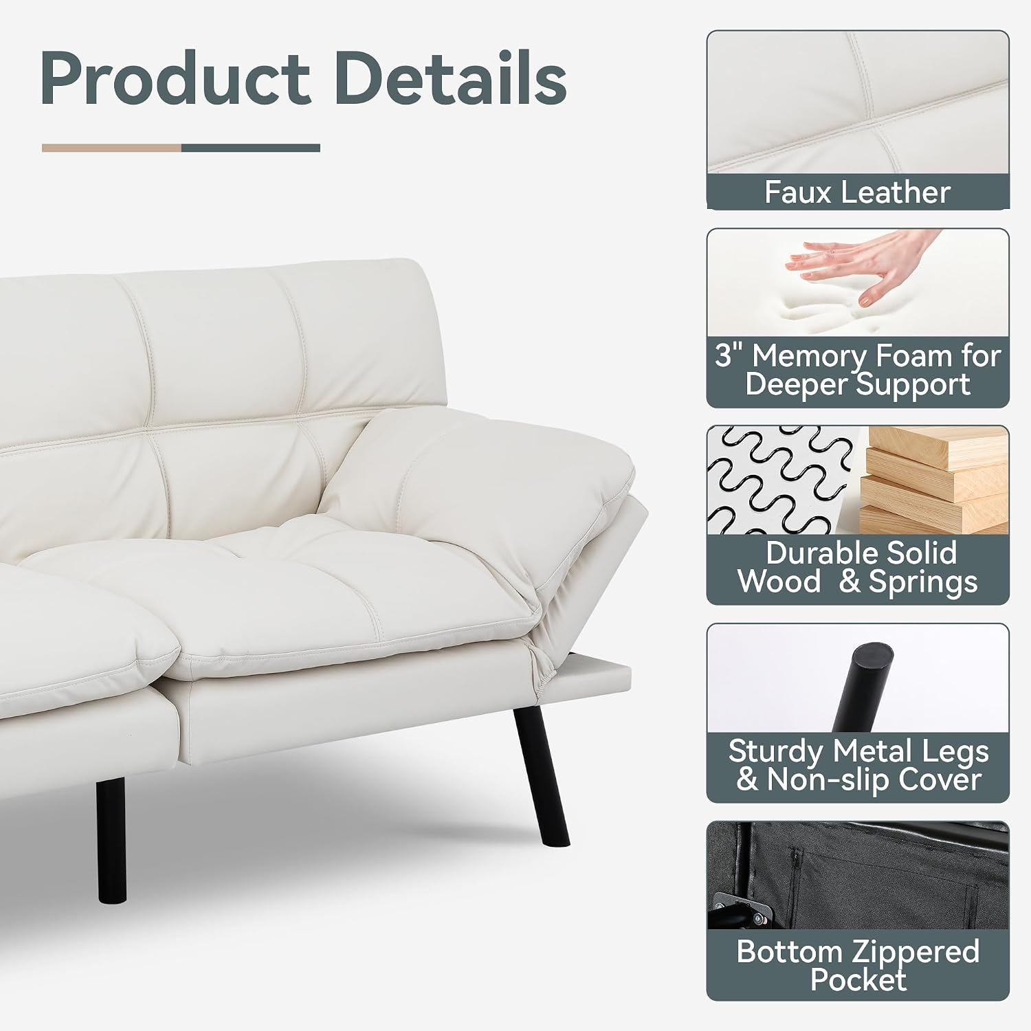 Futon Sofa Bed Convertible Couch, White Faux Leather Sofa Bed with Memory Foam, Adjustable Backrest & Armrests, Multifunctional Small Loveseat Sleeper Sofa for Living Room, Apartment, Office