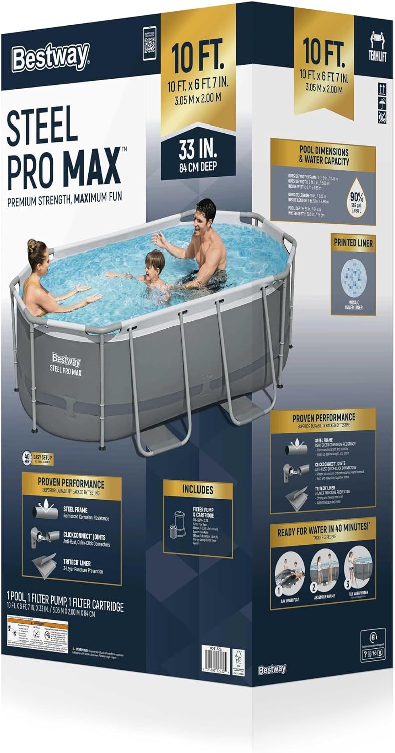 Bestway Steel Pro MAX 10' x 6'7' x 33' Oval Above Ground Swimming Pool Set, 330 GPH Filter Pump, Tritech Puncture Resistant Liner, ClickConnect Steel Frame, Gray