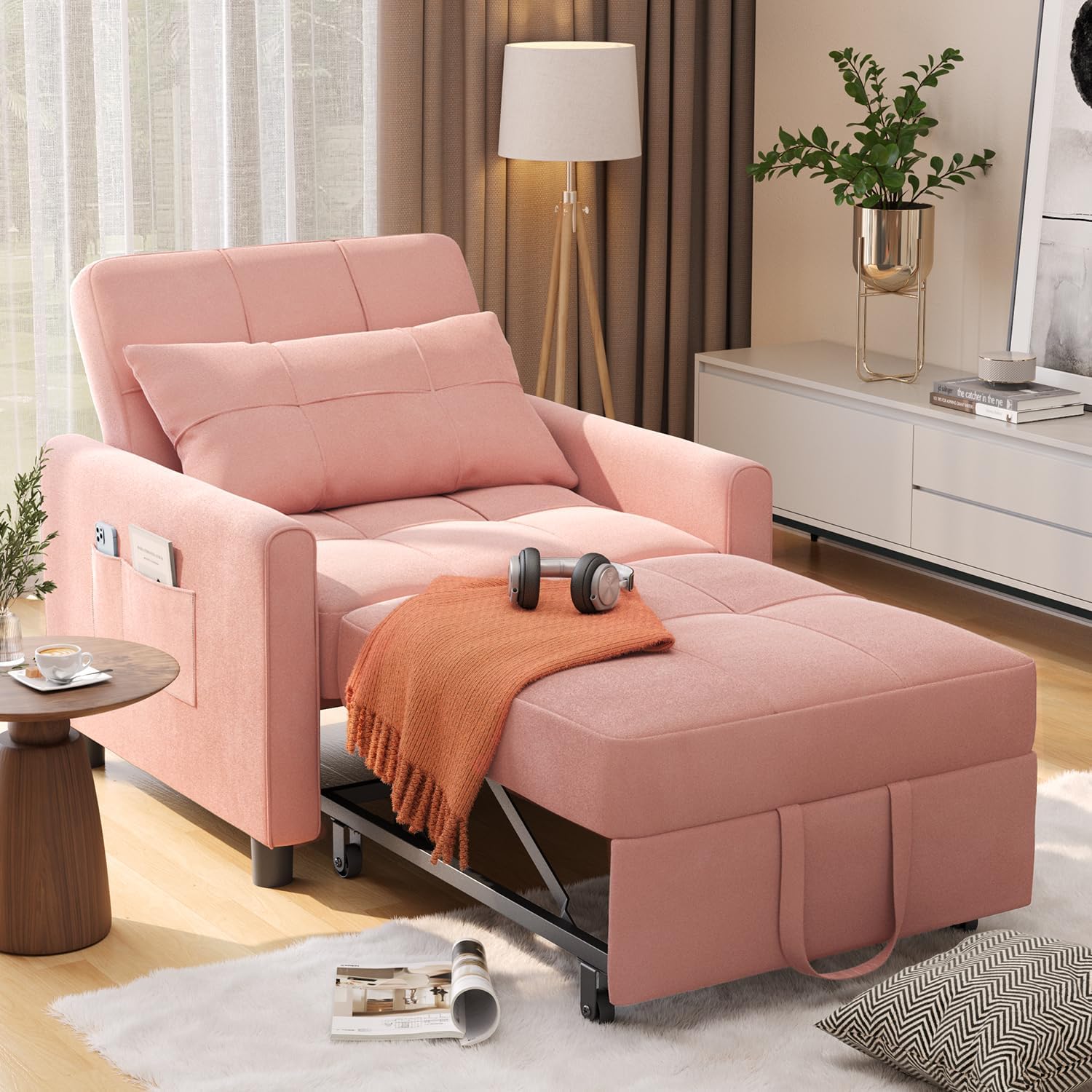 Aiho Convertible Sleeper Chair with Pillow & Pocket, 3-in-1 Sofa Bed in Modern Linen Fabric for Apartment, Pink