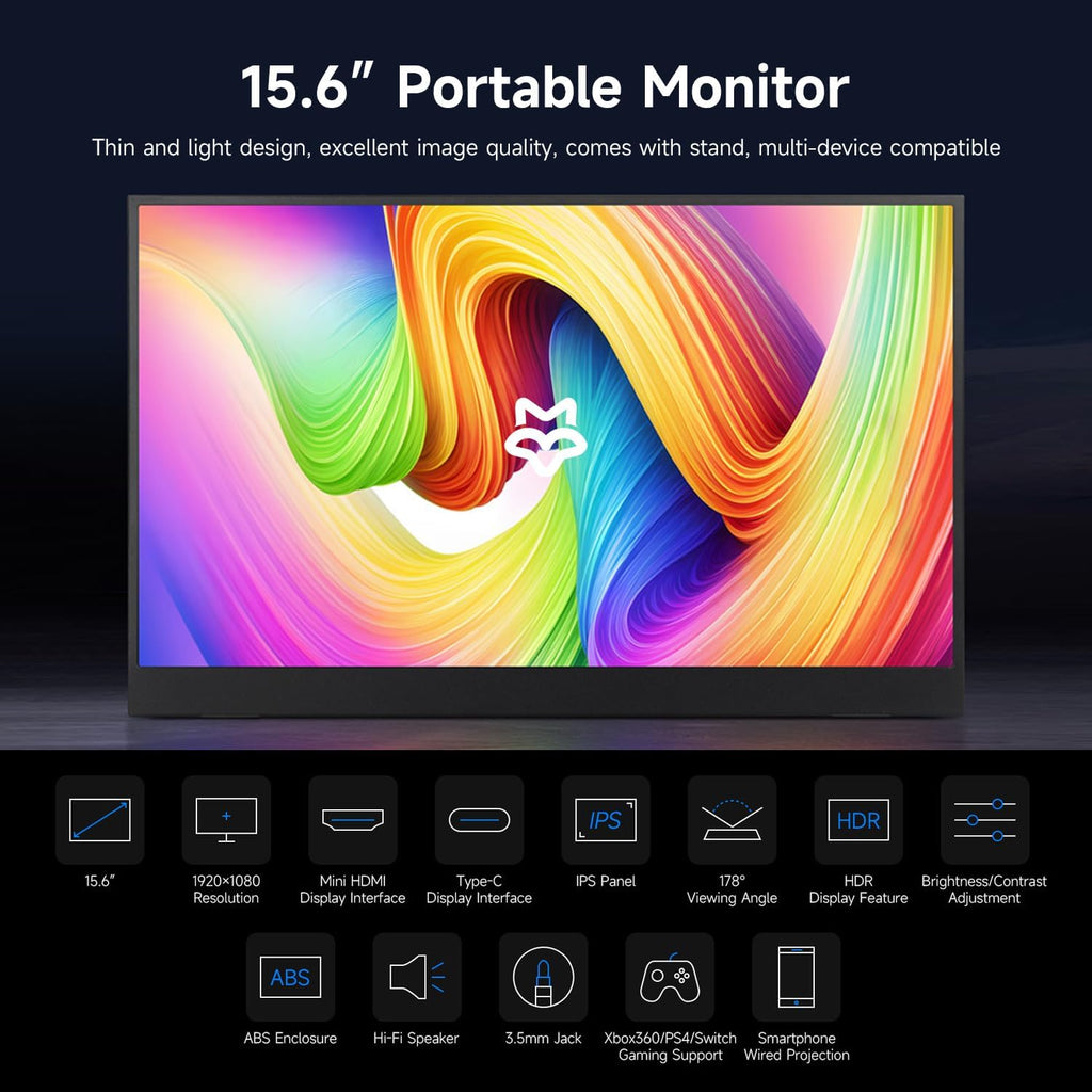 waveshare Luckfox 15.6inch Portable Monitor with Stand, IPS Screen, Mini HDMI Interface, 1920 × 1080 Full HD, 178° Viewing Angle, ABS Case, 100% sRGB High Color Gamut, Supports HDR, No Touch