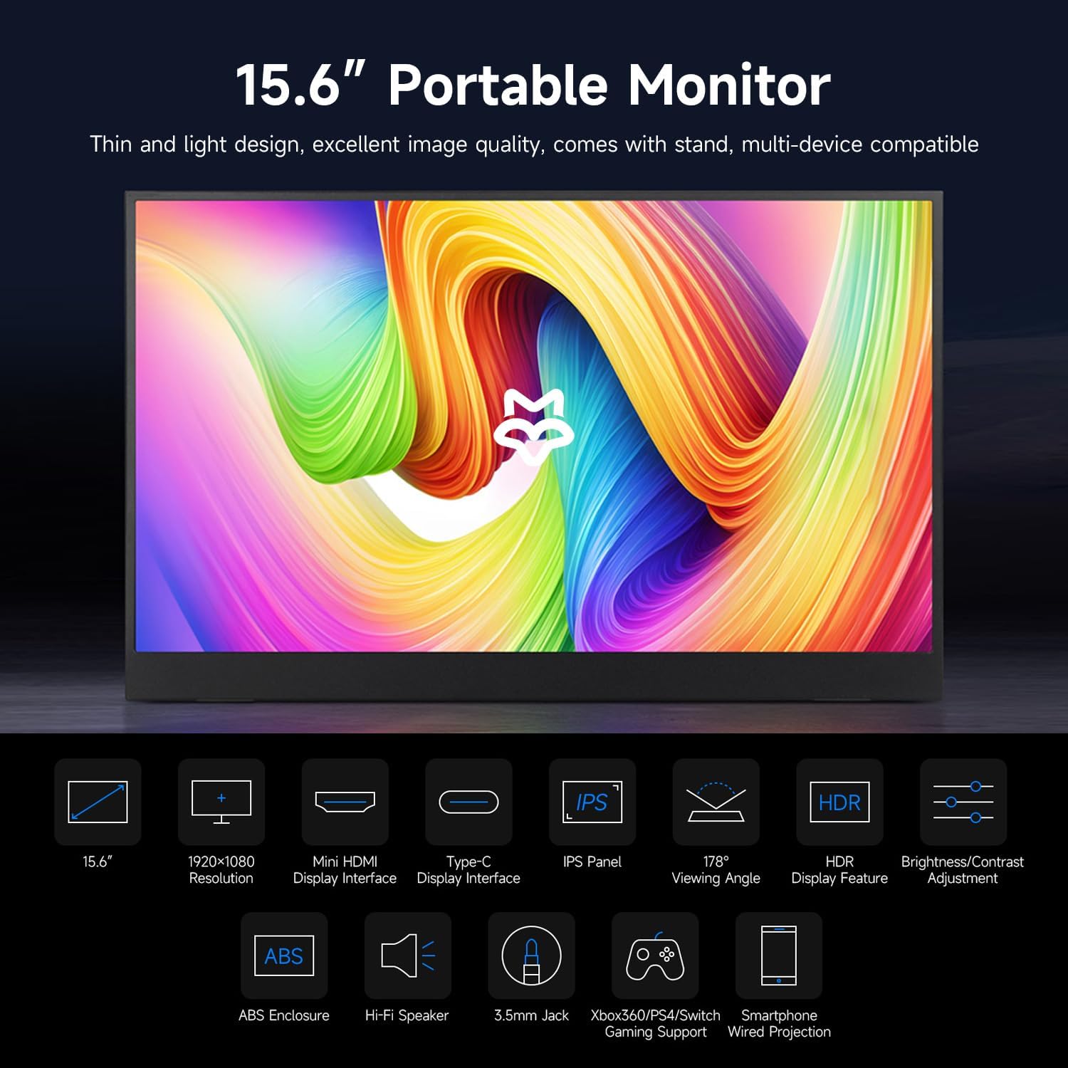 waveshare Luckfox 15.6inch Portable Monitor with Stand, IPS Screen, Mini HDMI Interface, 1920 × 1080 Full HD, 178° Viewing Angle, ABS Case, 100% sRGB High Color Gamut, Supports HDR, No Touch