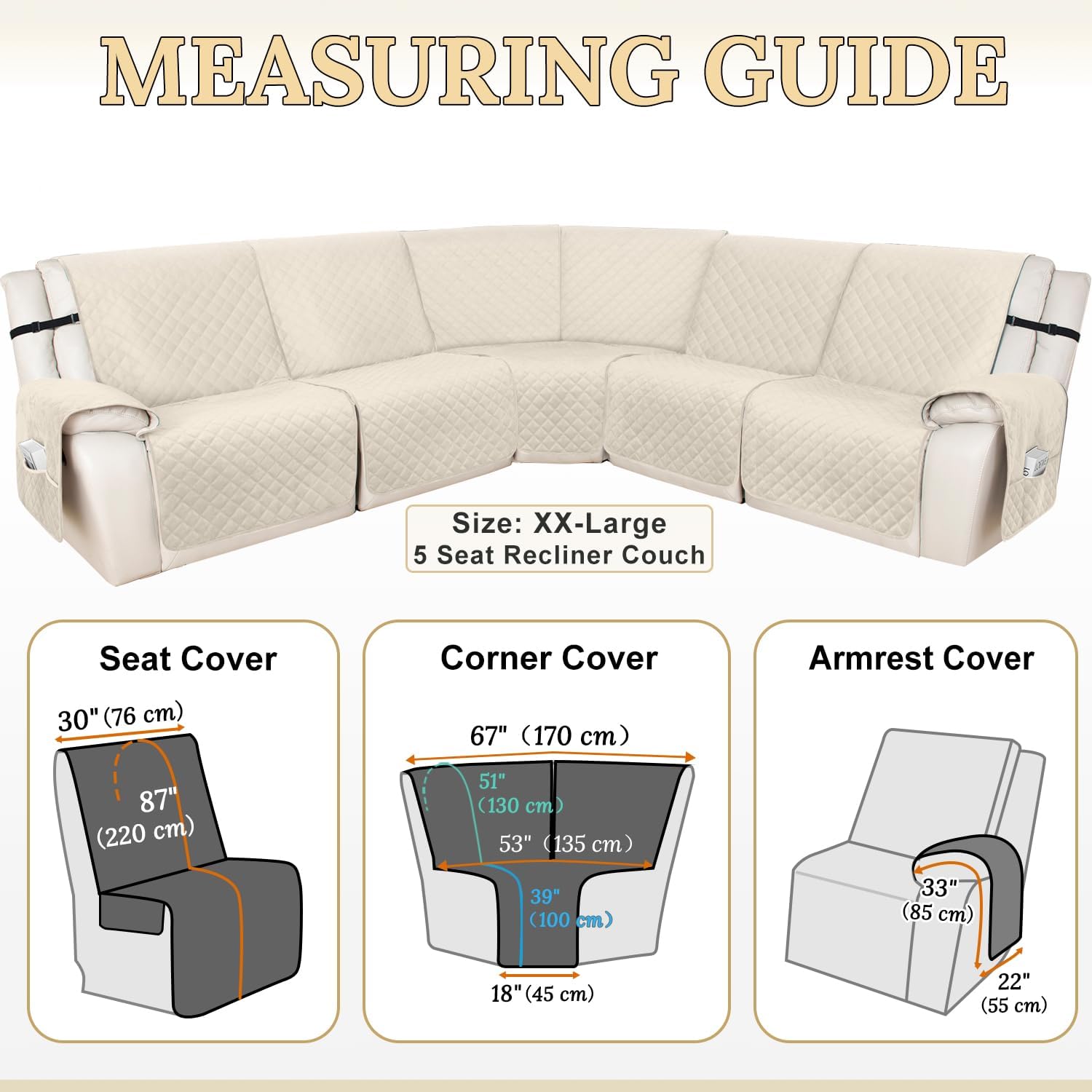 HDCAXKJ 100% Waterproof Recliner Sectional Couch Covers XX-Large L Shaped Corner Reclining Sofa Cover Washable Thick Non Slip Sectional Slipcover with Pockets (XXL 5 Seat Recliner Couch, Beige)