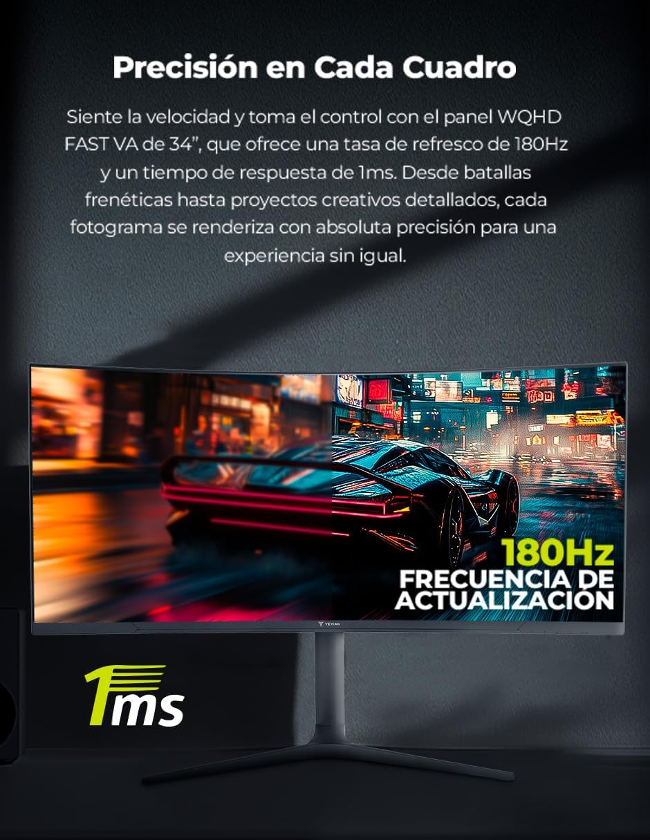 YEYIAN 34' Ultrawide Curved Gaming Monitor, 180Hz, 1ms, WQHD 3440×1440, 1500R VA Panel, sRGB 129%, DCI‑P3 92%, FreeSync, HDR10, HDMI×2, DP1.4×2, Tilt Adjustable