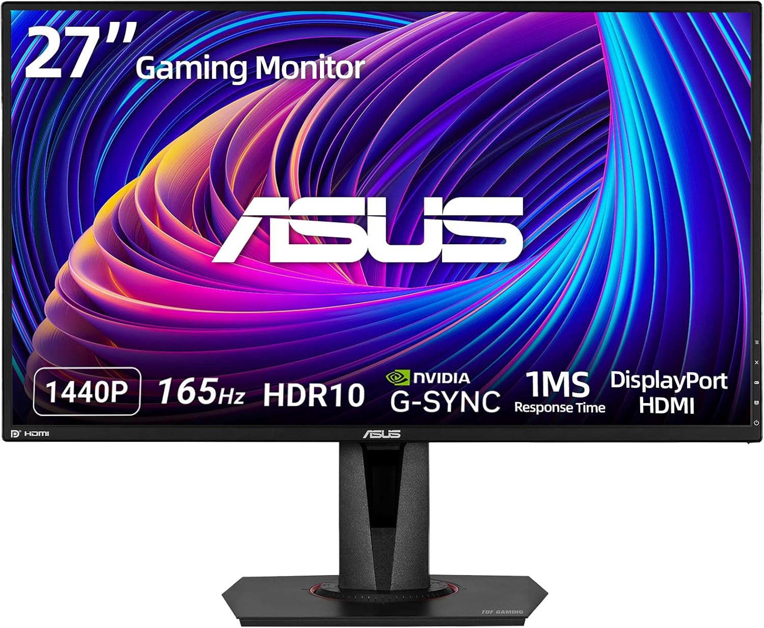 ASUS TUF 27' IPS Gaming Monitor, 2K (2560 x 1440), LED Display, 165Hz, 1ms, G-SYNC, HDR 10, 100% sRGB, Anti-Glare M, VESA Mountable, Ajustable Stand, DisplayPort x1, HDMI x2