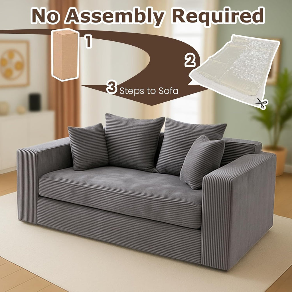 cidludto Convertible Sofa Bed, 3 in 1 Loveseat Folding Couch Bed Foldable - Boneless Couch & Floor Futon Sleeper, Corduroy Pull Out Sofa Bed with 4 Pillows for Living Room, Grey