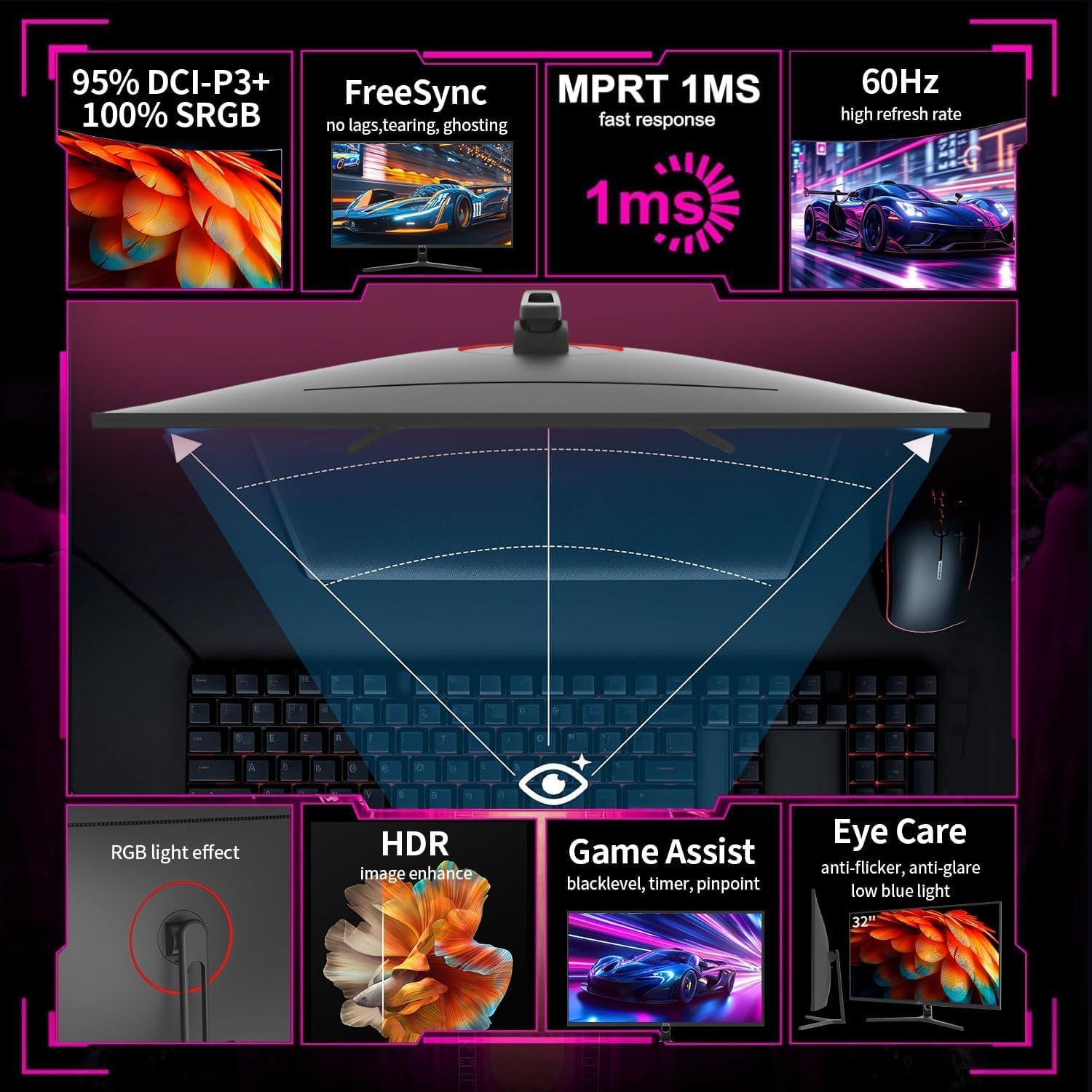 ZZA Computer Monitor 32 Inch Gaming Monitor 4K UHD (3840×2160p) Ultra-Clear IPS Screen, 100% sRGB, HDR10, 178° Viewing Angle, Display Port/HDMI, Compatible with Wall mounting 75 * 75MM