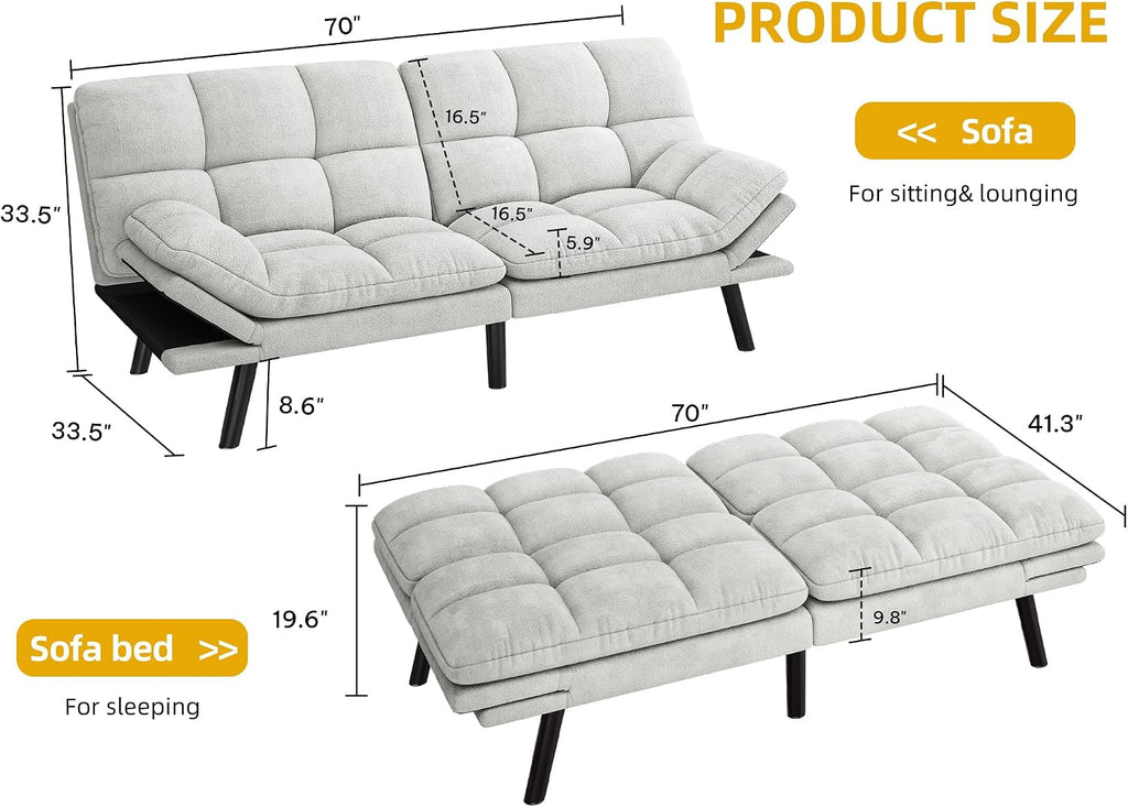 DWVO Multifunctional Futon Sofa Bed, Convertible Sleeper Sofa, 70' Folding Futon Set for Living Room Home Office Aprtment, Modern Folding Couch with Adjustable Backrest & Armrests, Beige