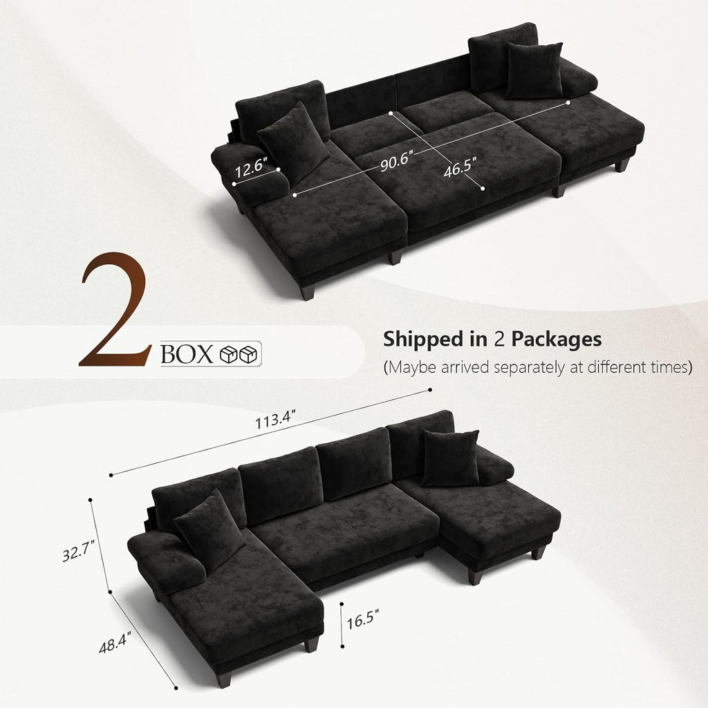 Txtin's Sleeper Sofa with Pull Out Couch Bed | 112 Inch Couches for Living Room | U-Shaped Convertible Sofa Bed | Chenille Black