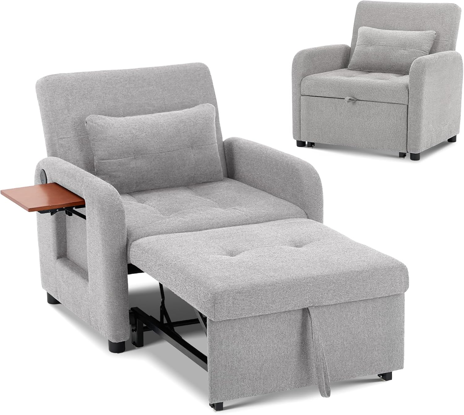 COLAMY Convertible Sleeper Chair-Fabric Futon Sofa Bed, Single Sleeper Sofa, Small Couch Bed with USB Port, Foldable Table, Pillow, Adjustable Backrest for Dorm/Bedroom/College Lightgrey