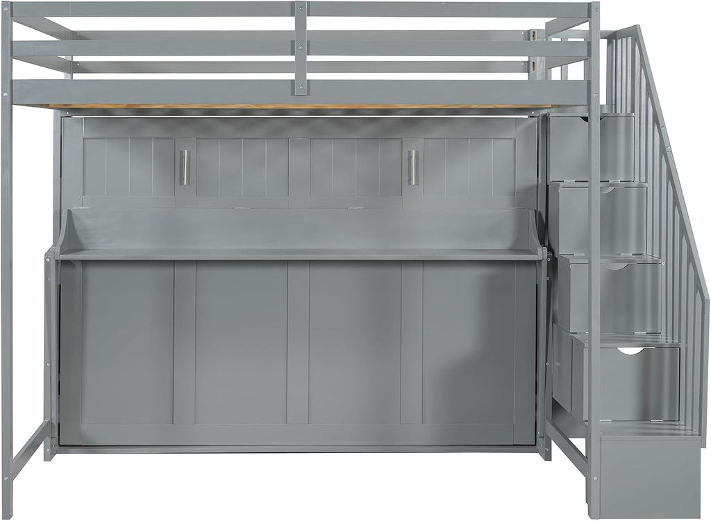 Merax Modern Farmhouse Solid Wood Loft Bed with Murphy Bed Cabinet w/Hydraulic Lift Full Over Full, Wall Bunk Bed with Storage Staircase, Shleves & Desk/Space Saving/Wood Slat Support/Gray