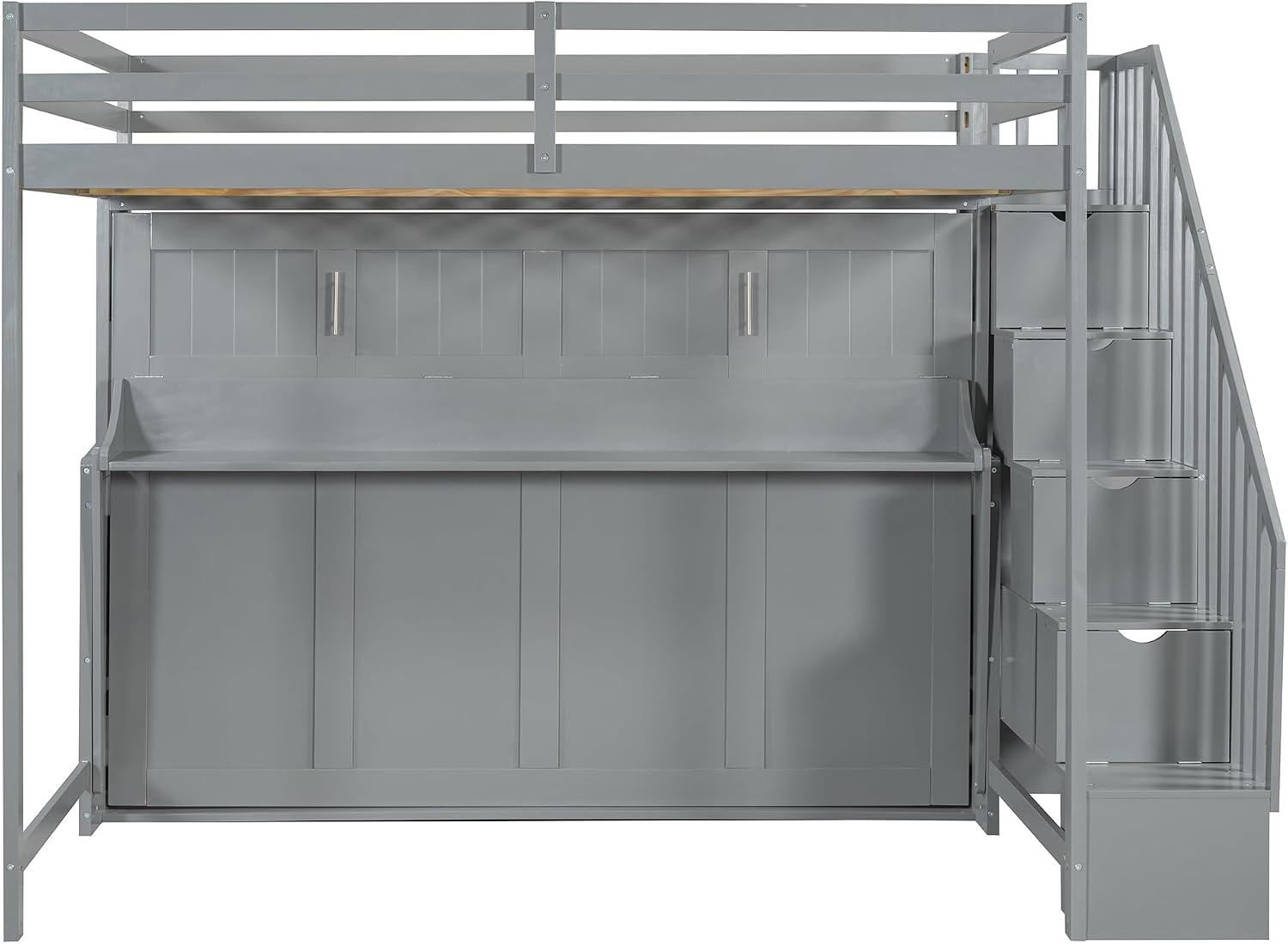 Merax Modern Farmhouse Solid Wood Loft Bed with Murphy Bed Cabinet w/Hydraulic Lift Full Over Full, Wall Bunk Bed with Storage Staircase, Shleves & Desk/Space Saving/Wood Slat Support/Gray