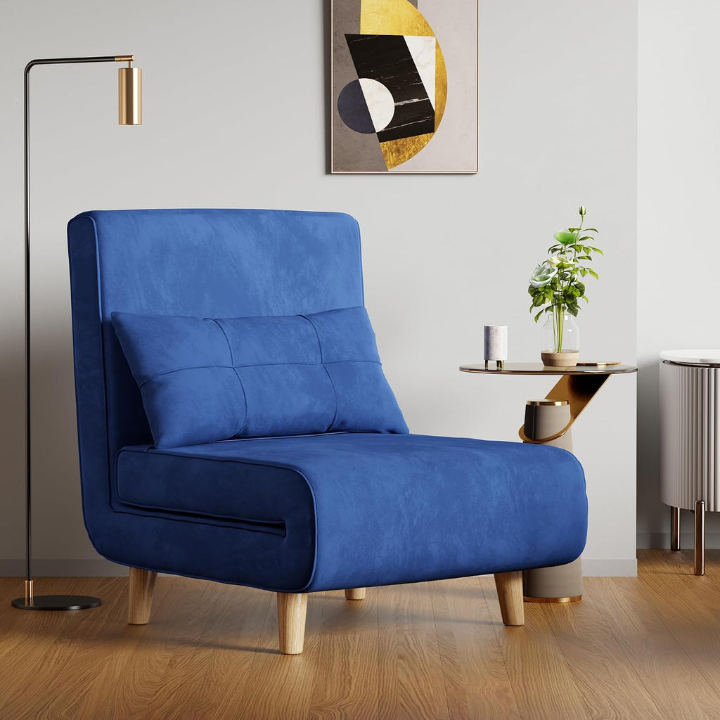 Aiho 3 in 1 Sleeper Chair, Convertible Futon Chair Bed, Velvet Sofa Bed with Adjustable Backrest, Living Room Chair for Apartment/Bedroom/Guest Room, Blue