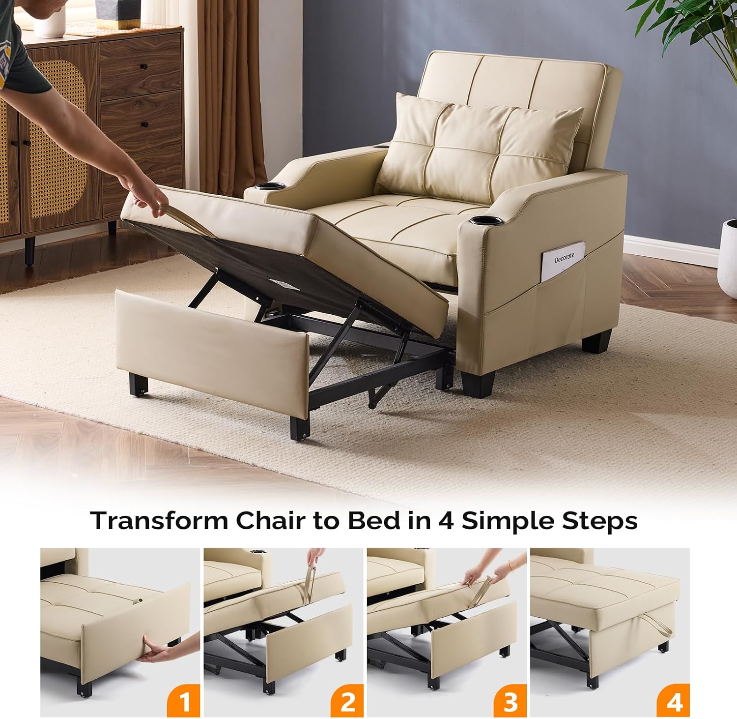 VINGLI Sofa Bed Chair Recliner, 3-in-1 Convertible Sleeper Sofa Chair Bed Beige Daybed Pull Out Couch Bed with Adjustable Backrest, USB Ports, Cup Holders for Small Spaces Living Room