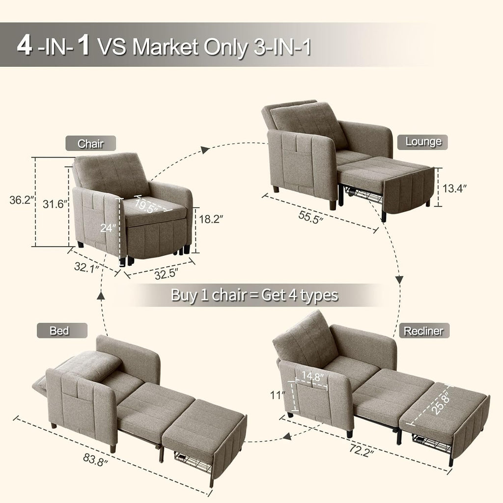 ZZW Sleeper Chair, 84' Extra Long Convertible Chair Bed, Upgraded 3-in-1 to 4-in-1 Pull Out Chair & Single Sofa Bed for Adult, Sleeping Chair for Living Room, Small Space (Light Grey)