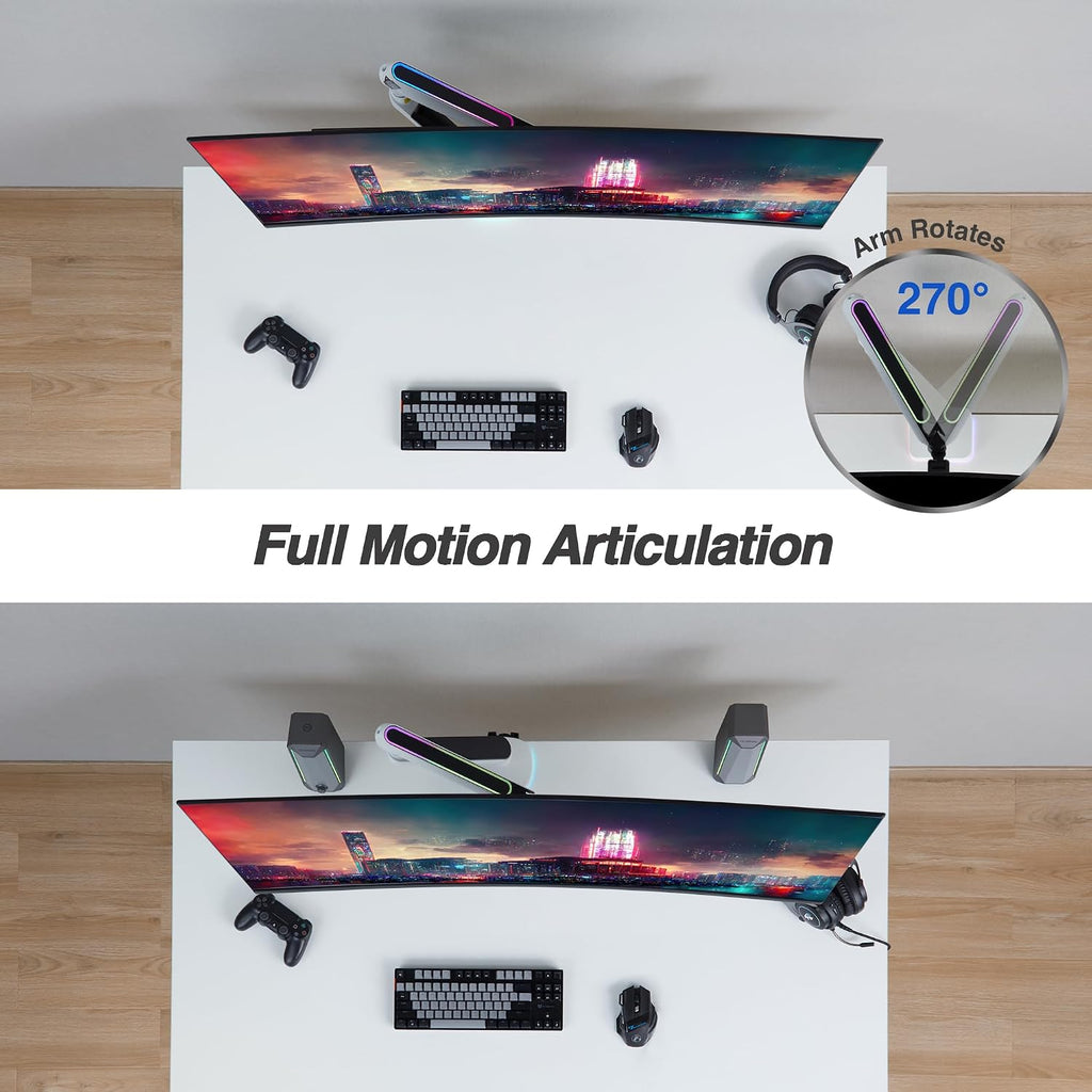 AVLT Single 27'-45' RGB Gaming Monitor Arm Desk Mount Built-in 20 Lighting Modes Touch Button Control Fits Flat/Curved/Ultrawide Screens Height Swivel Tilt Rotation Adjustable Stand -White