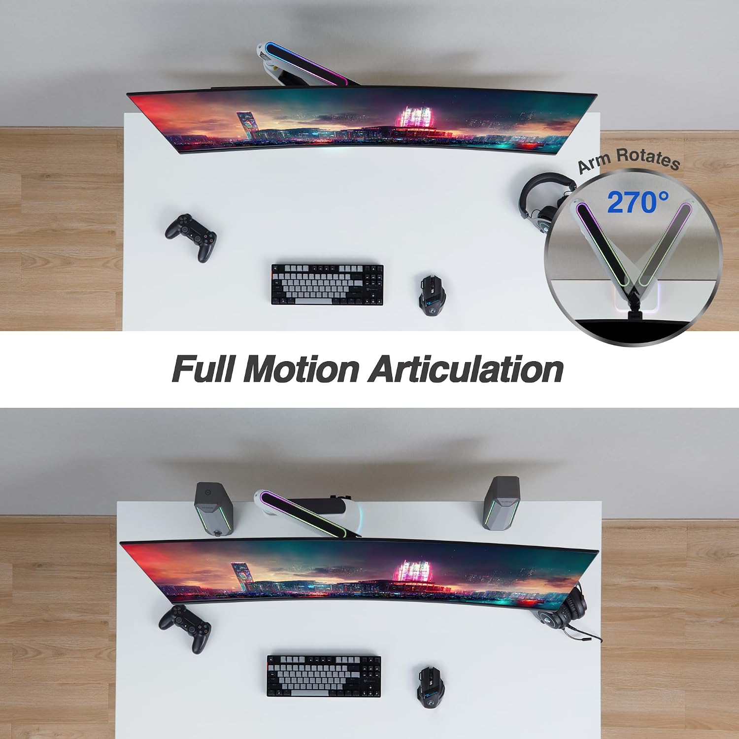 AVLT Single 27'-45' RGB Gaming Monitor Arm Desk Mount Built-in 20 Lighting Modes Touch Button Control Fits Flat/Curved/Ultrawide Screens Height Swivel Tilt Rotation Adjustable Stand -White