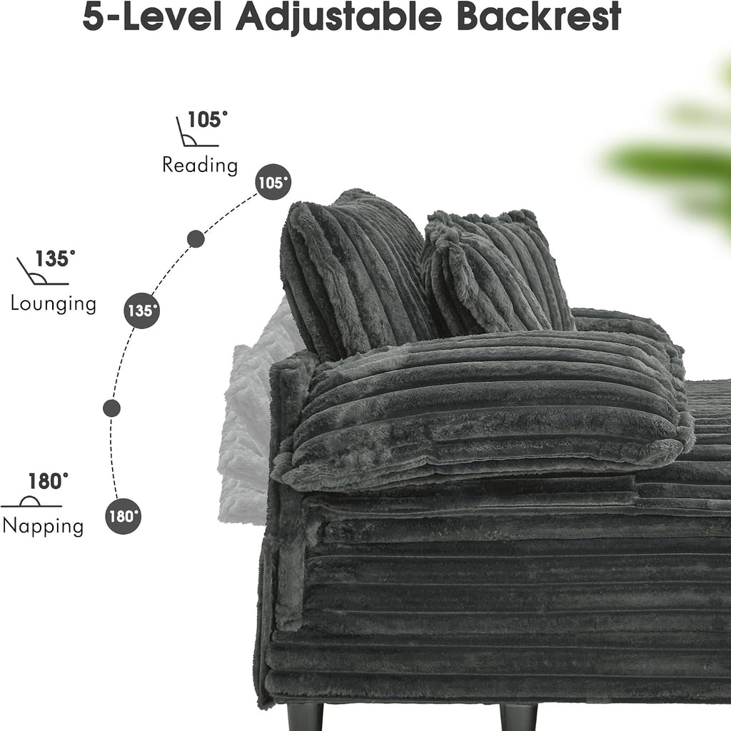 WESTSETLUX 54.8' W Oversized Chaise Lounge Chair Indoor with 5-Position Adjustable Backrest, Plush Sleeper Sofa Bed with Pillows, Upholstered Cloud Couch Chair for Living Room, Study Room, Dark Grey