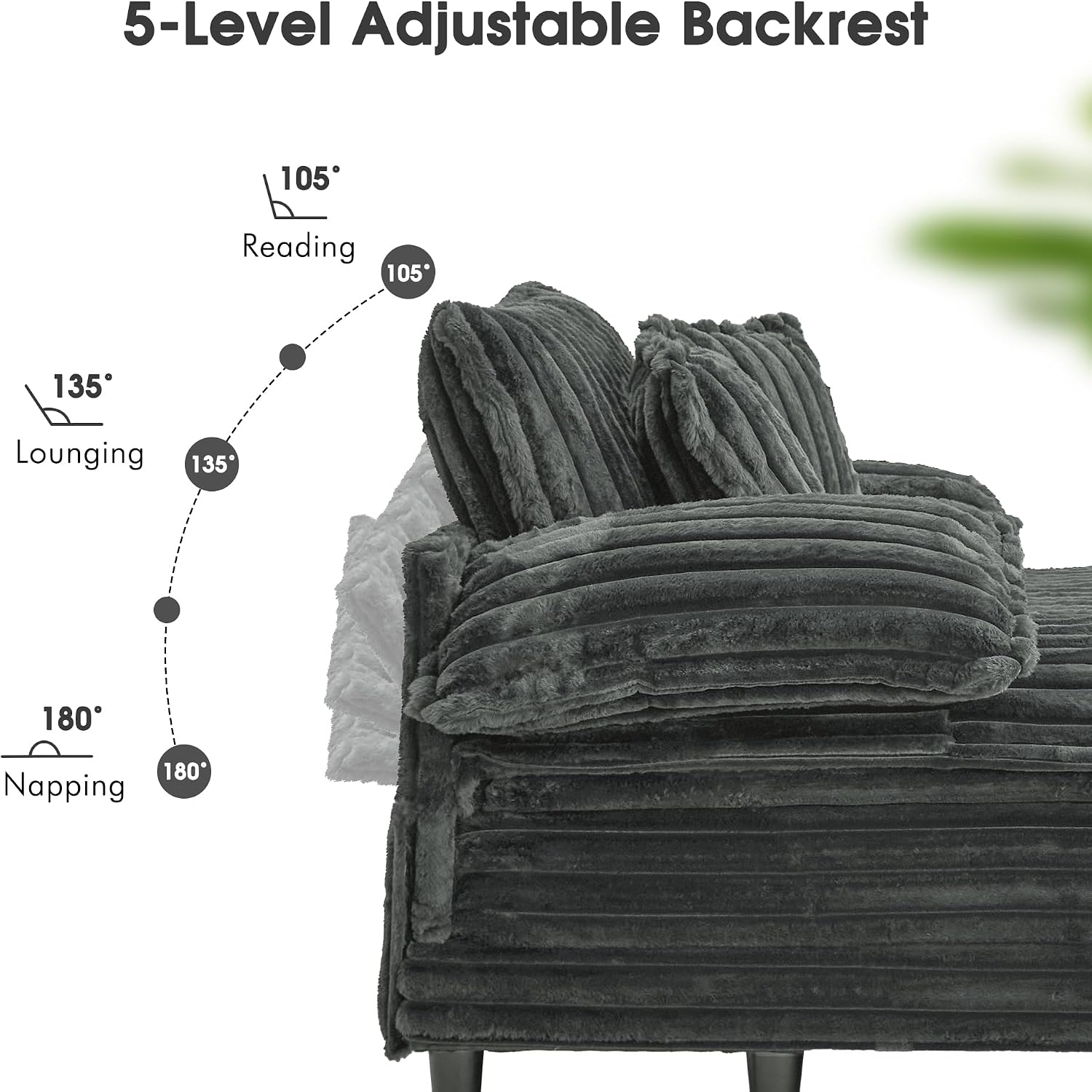 WESTSETLUX 54.8' W Oversized Chaise Lounge Chair Indoor with 5-Position Adjustable Backrest, Plush Sleeper Sofa Bed with Pillows, Upholstered Cloud Couch Chair for Living Room, Study Room, Dark Grey