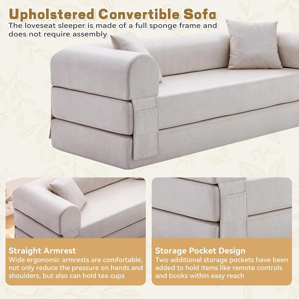 Convertible Sleeper Sofa Bed,78.5 Inch Faux Leather Futon Couch with Pillows & Storage Pocket,5-in-1 Folding Sofa Bed Queen with Pull Out Beds,Boneless Couches for Living Room,Couch in a Box,Beige