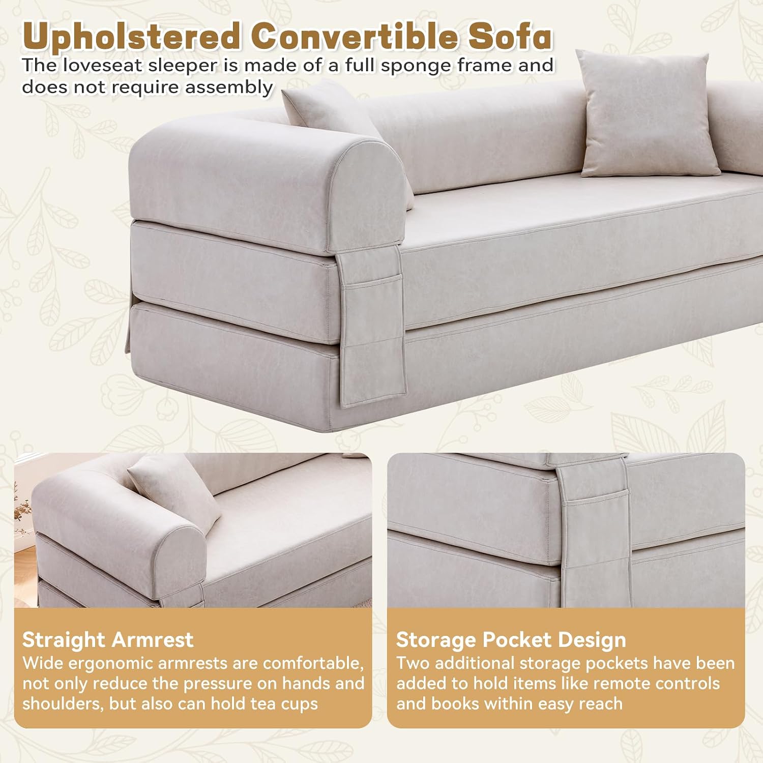Convertible Sleeper Sofa Bed,78.5 Inch Faux Leather Futon Couch with Pillows & Storage Pocket,5-in-1 Folding Sofa Bed Queen with Pull Out Beds,Boneless Couches for Living Room,Couch in a Box,Beige