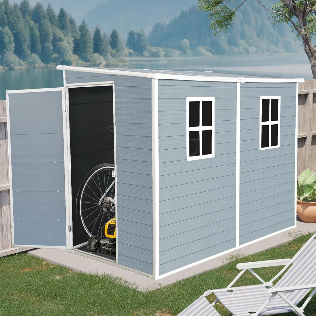 Ball & Cast 8x4 FT Resin Outdoor Storage Shed with Waterproof Floor and 2 Window,Garden Organizer Tool House w/Lockable Doors & Ventilation,Cabinet for Patio,Lawn,Grey