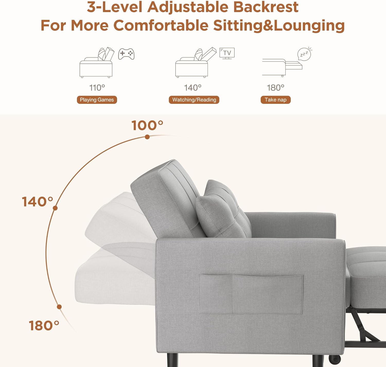 Aiho 34-Inch Sleeper Chair Bed, 3-in-1 Convertible Pull-Out Sofa Bed with Modern Linen Fabric for Living Room or Apartment (Light Gray)