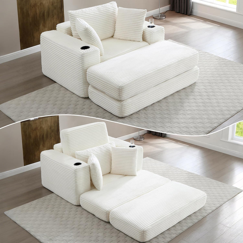 HANXIN 62' Chaise Lounge Chair Indoor, Oversized Corduroy Boneless Convertible Chaise Lounge Couch Sleeper Chair with Ottoman, Deep Seat Reading Chair, No Assembly Required (Beige)