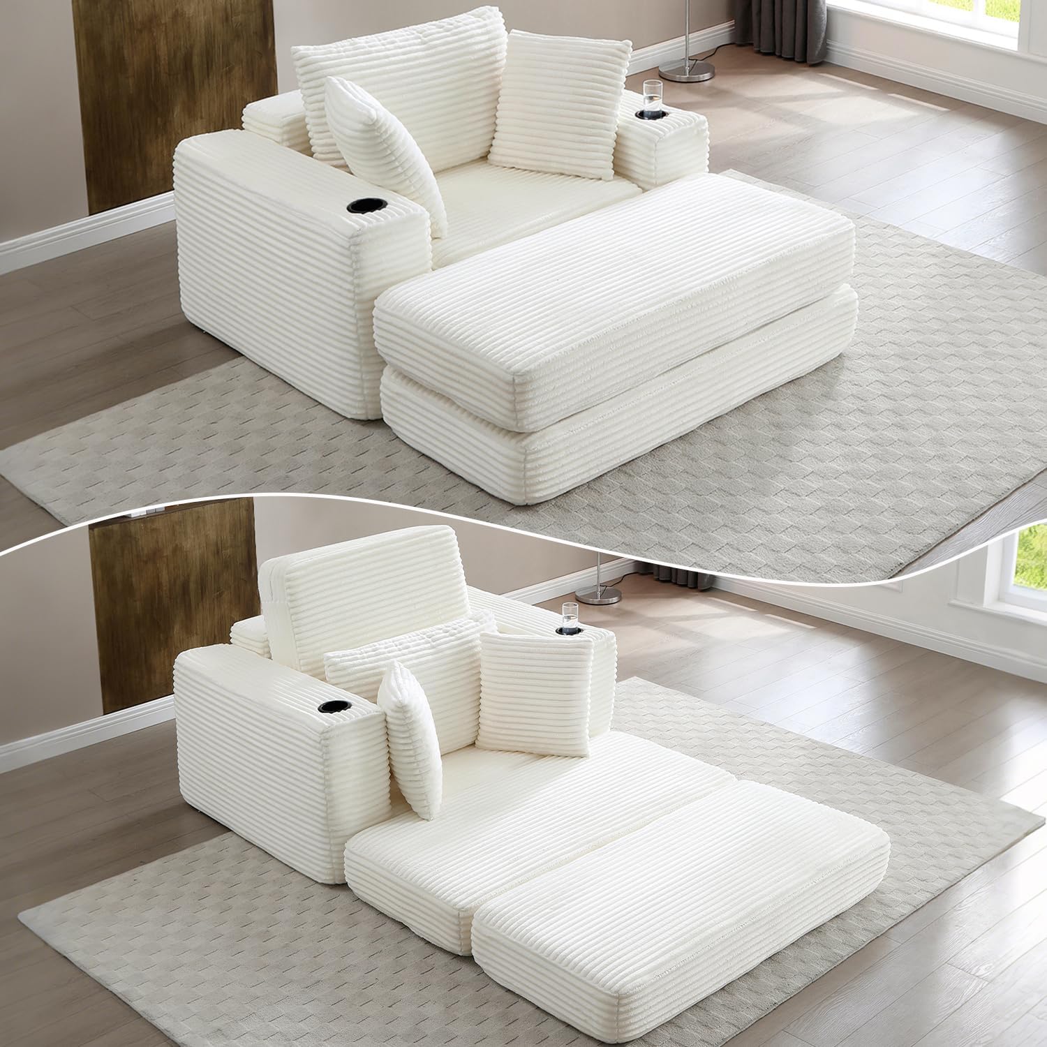 HANXIN 62' Chaise Lounge Chair Indoor, Oversized Corduroy Boneless Convertible Chaise Lounge Couch Sleeper Chair with Ottoman, Deep Seat Reading Chair, No Assembly Required (Beige)