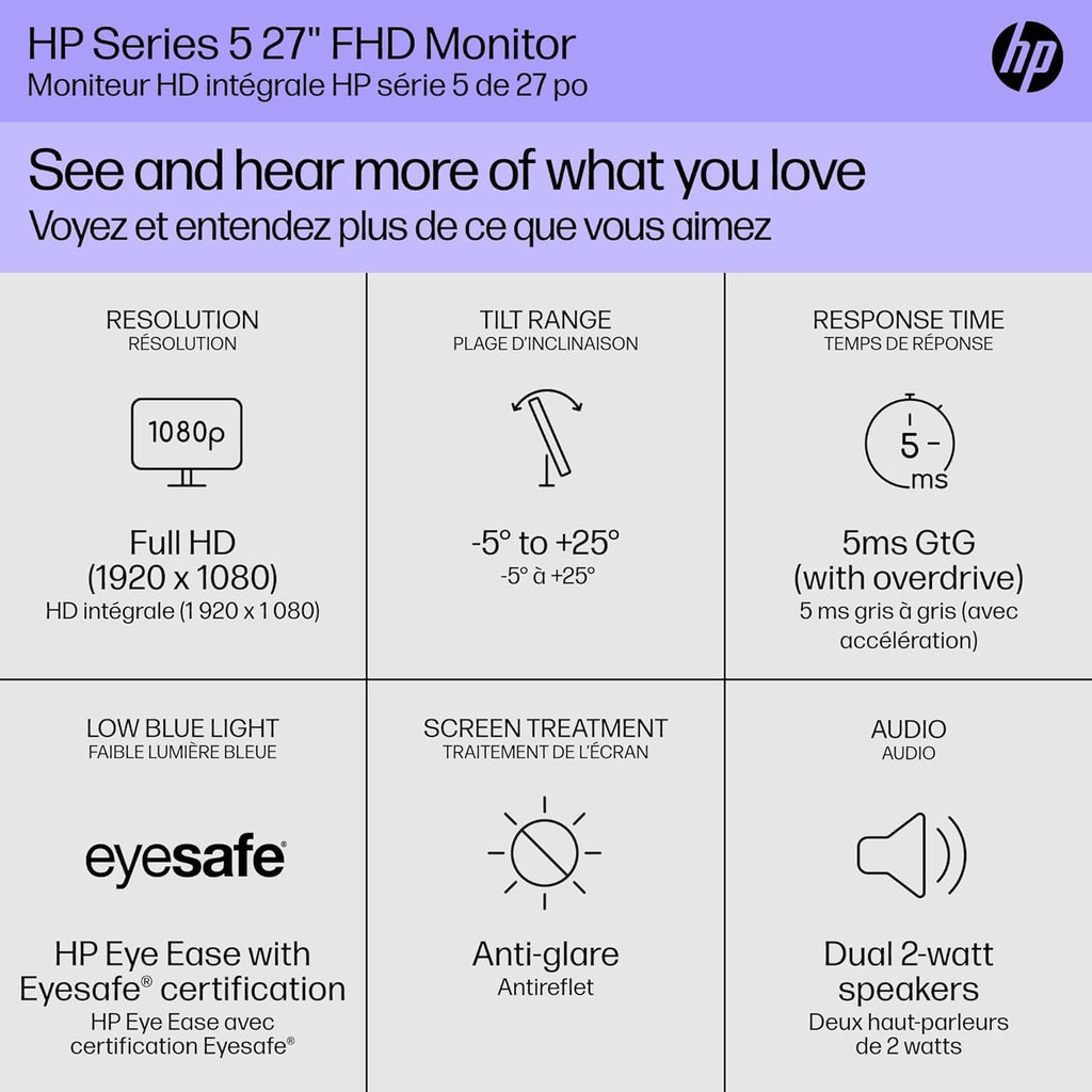 HP Series 5 27 Inch Computer Monitor IPS Full HD 300 nits 100Hz 5ms Integrated Speakers HDMI Port Audio Jack Anti-Glare Adjustable Tilt PC Screen Desktop Monitor, 527sa 94F48AA (Renewed)