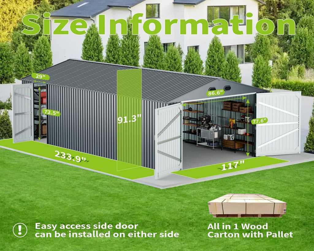 20 x 10 FT Outdoor Storage Shed, Large Metal Garden Shed with 2 Lockable Doors, Tool Shed Outdoor Storage with 4 Air Vents, Garage Shed Waterproof for Car, Truck, Bike, Garbage Can, Tool, Dark Gray