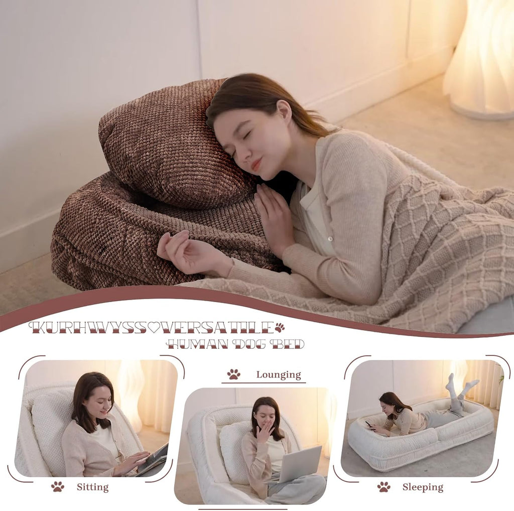 Upholstered Human Dog Bed for Adult & Pets, Convertible Lazy Sofa Bed with 5 Adjustable Position, Comfy Tatami Bean Bag Lounge Chair with 2 Soft Pillows for Bedroom Living Room Office (Brown)