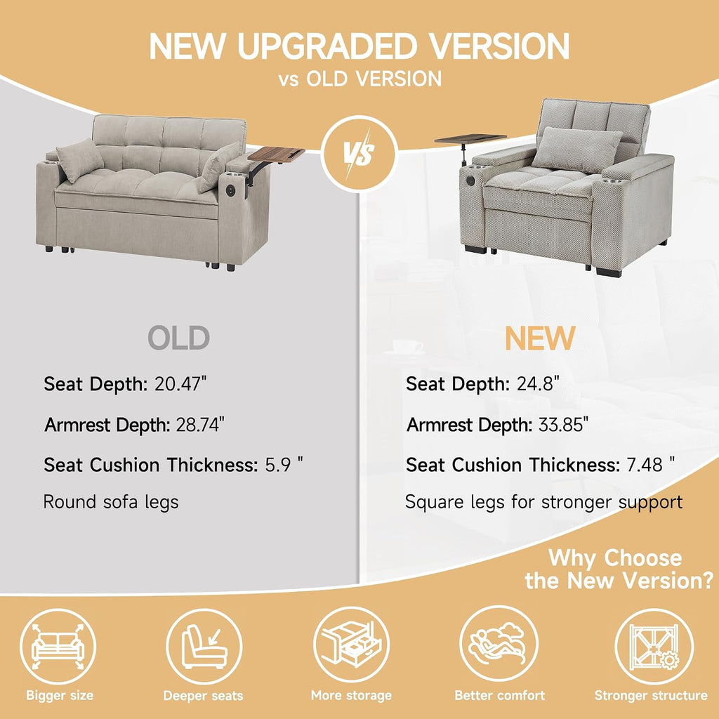 oaaktu Large Size Convertible Sleeper Chair Futon Sofa Bed, Comfortable Thick Cushion Single Sleeper Sofa Handheld Storage and Adjustable Backrest | Reading Chair with Rotating Small Table (Khaki)