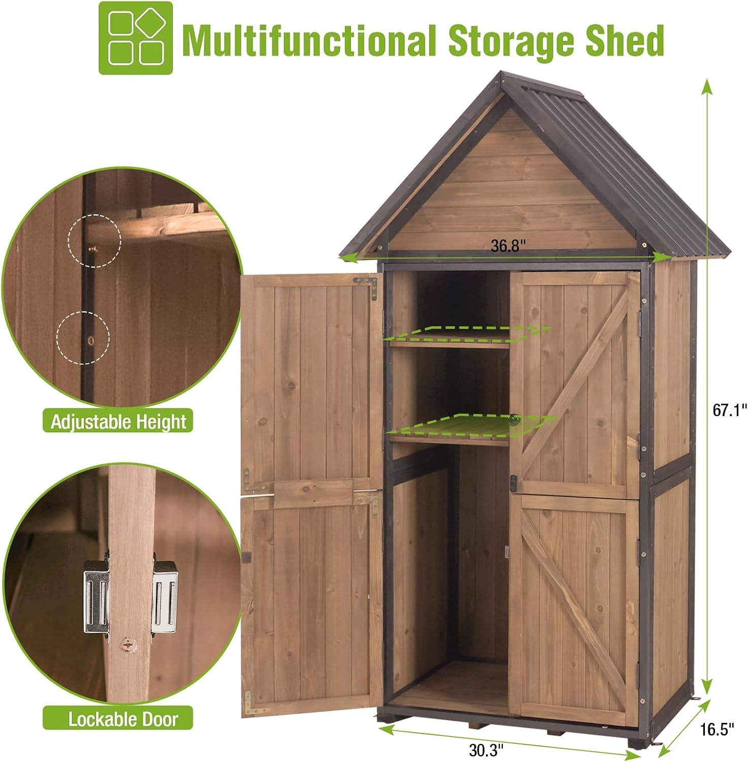 GUTINNEEN Outdoor Storage Shed with All Around Strong Metal Frame, Garden Tool Sheds Cabinet with Floor & Adjustable Shelves, Wooden Tool House for Backyard Garden Patio Lawn 67.1' H (Dark Brown)