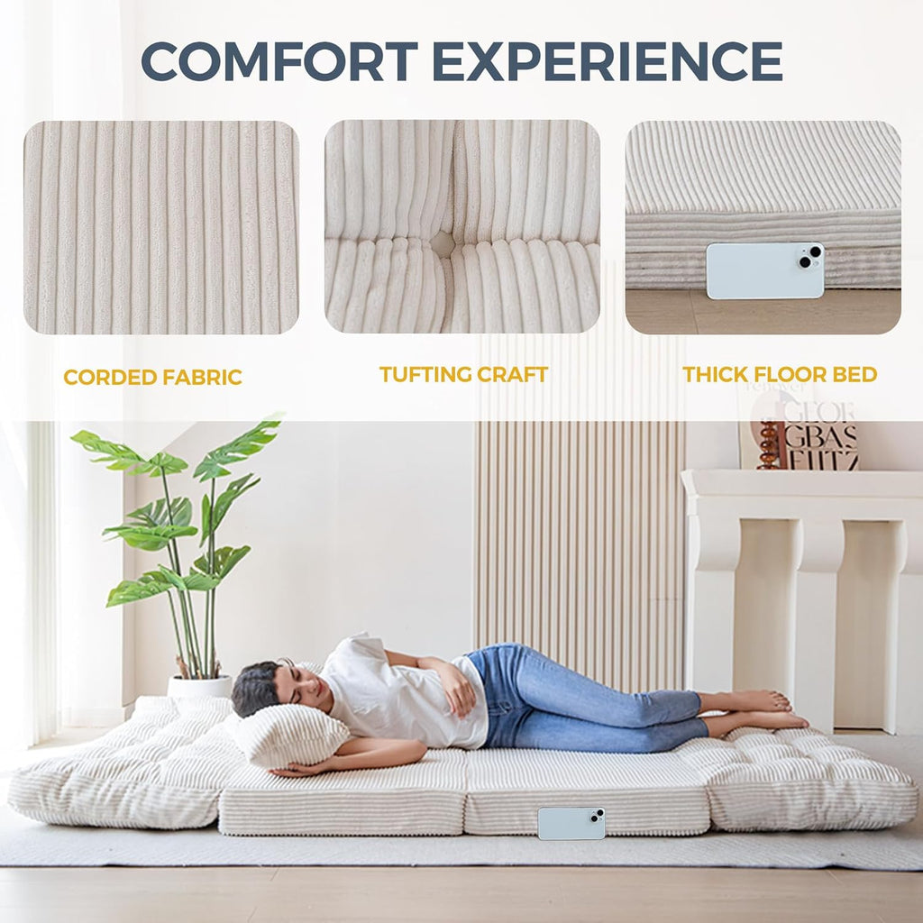 MAXYOYO Folding Sofa Bed, Tufted Bean Bag Bed with Pillows Floor Mattress for Adults, Extra Thick and Long Floor Sofa, Twin Floor Couch Bed for Bedroom Living Room, Beige, 39x91 Inch