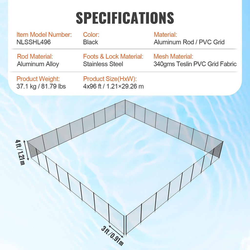 VEVOR Pool Fence, 4 x 96 FT Pool Fences for Inground Pools, Removable Pool Fencing, Easy DIY Installation Swimming Pool Fence, 340gms Teslin PVC Mesh, Pool Safety Fence, Black