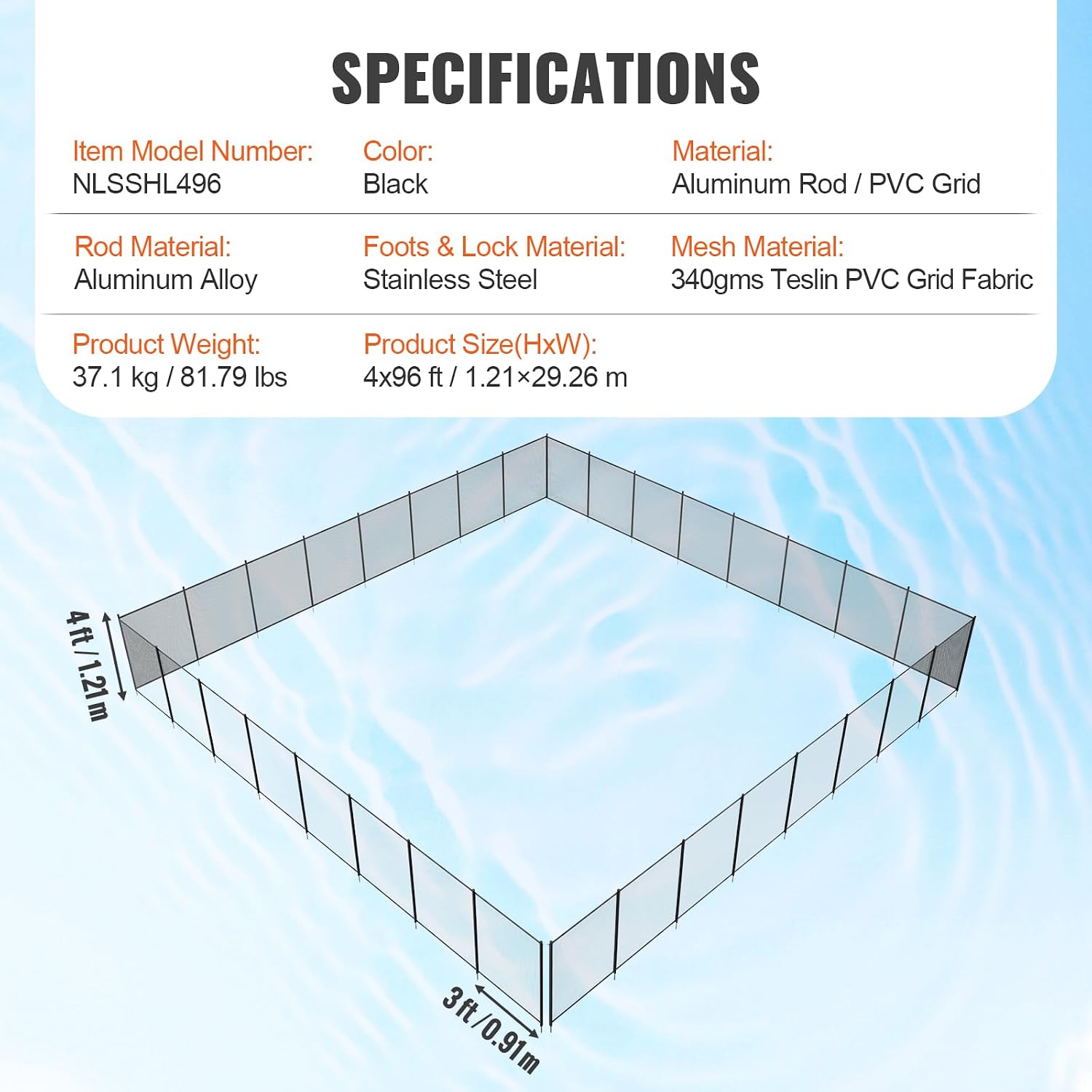 VEVOR Pool Fence, 4 x 96 FT Pool Fences for Inground Pools, Removable Pool Fencing, Easy DIY Installation Swimming Pool Fence, 340gms Teslin PVC Mesh, Pool Safety Fence, Black