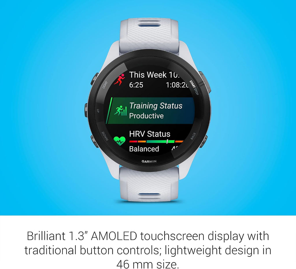 Garmin Forerunner 265 Running Smartwatch, Colorful AMOLED Display, Training Metrics and Recovery Insights, Whitestone and Tidal Blue