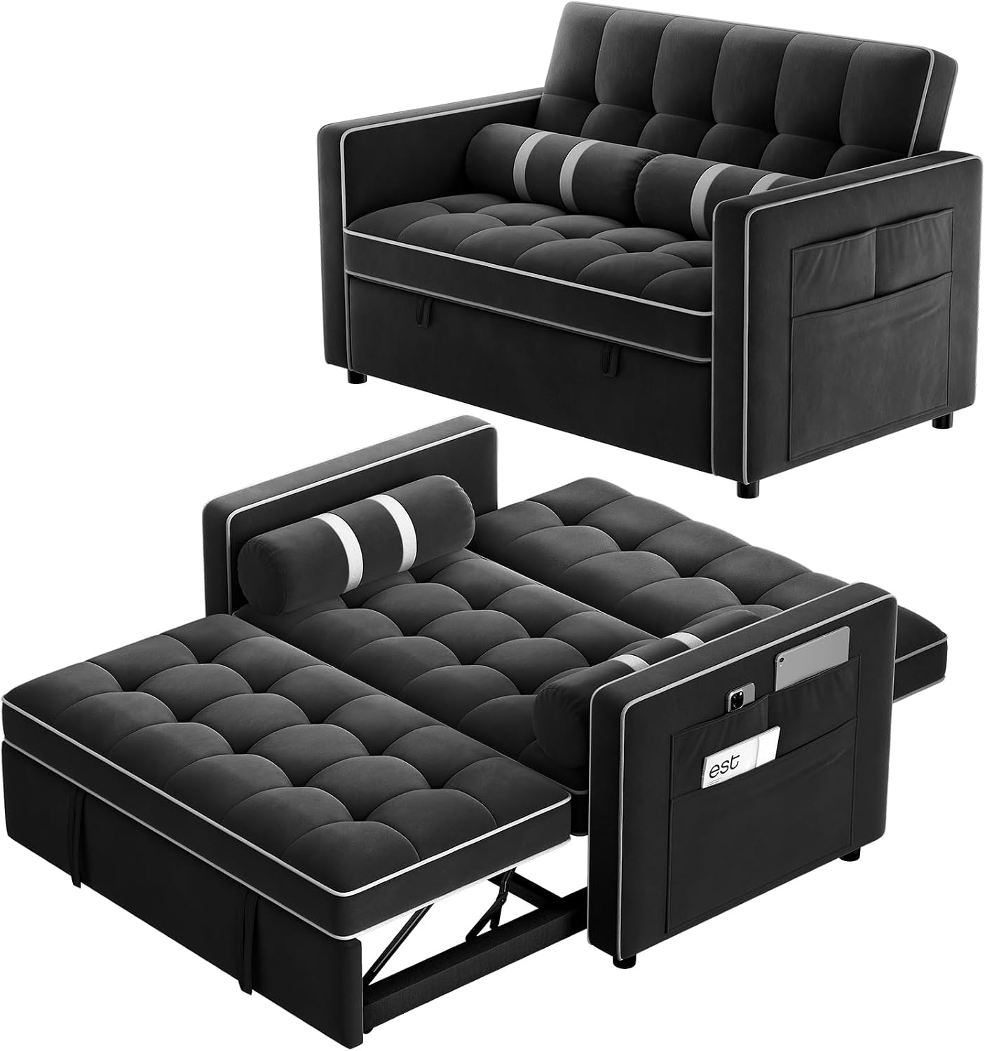 Pipishell 3 in 1 Sleeper Sofa Bed, Pull Out Couch for Living Room with USB Ports & Side Pockets, Adjustable Backrest, Convertible Loveseat Sofa Bed, Futon Couches, Charcoal Black Velvet