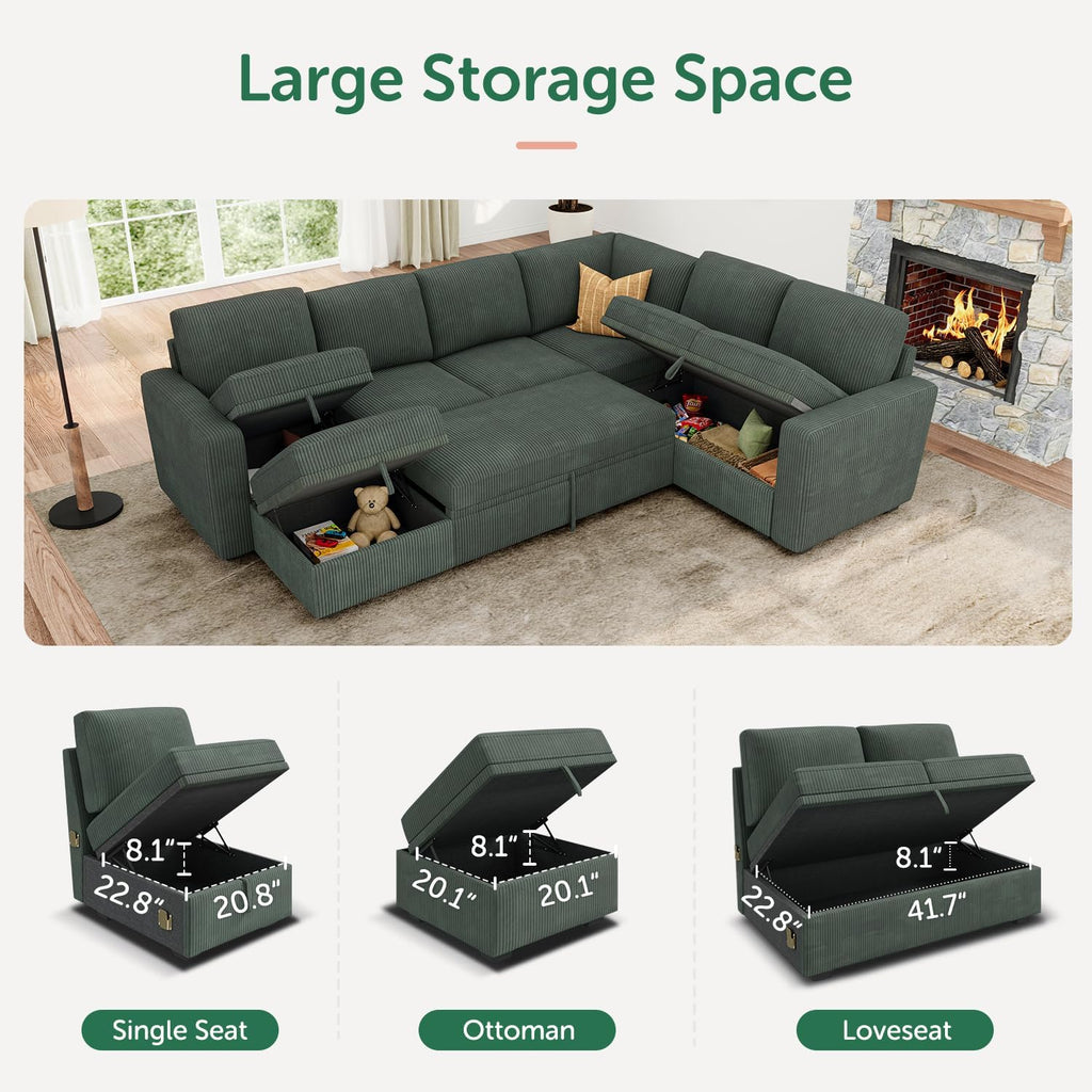 HONBAY Modular Sectional Sleeper Sofa with Pull Out Bed, Corduroy Couch with Storage Seats Ottoman, U Shaped Sectional Couches for Living Room, Green