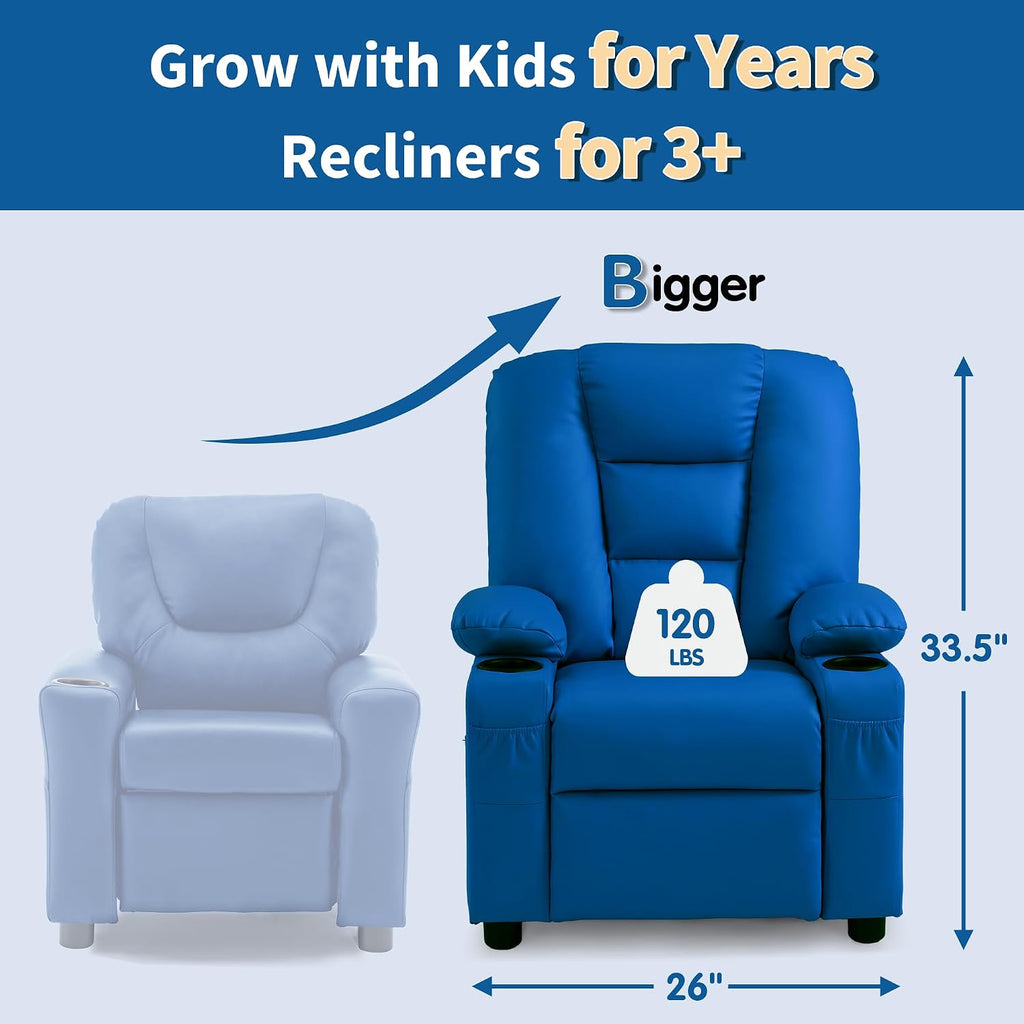 MCombo Big Kids Recliner for Ages 3+, Child Recliner Chair, Toddlers Recliner Sofa with Cup Holders, Faux Leather, 7322(Blue)