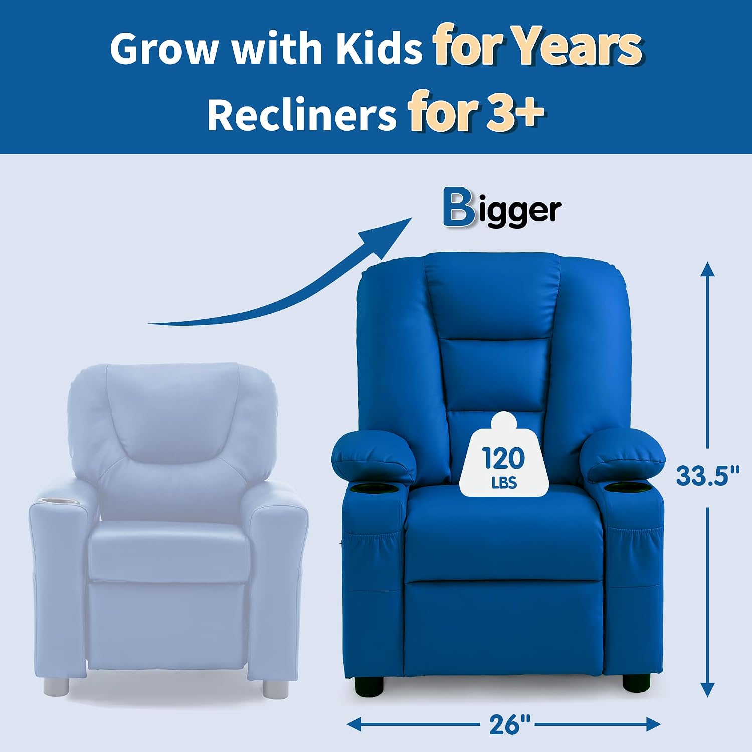 MCombo Big Kids Recliner for Ages 3+, Child Recliner Chair, Toddlers Recliner Sofa with Cup Holders, Faux Leather, 7322(Blue)